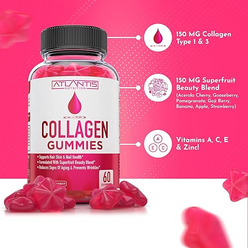 Miniatura 4 de Atlantis Nutrition Gomitas de colágeno 60 + gomitas de fibra prebiótica sin azúcar para adultos, paquete de 2 (120 gomitas)