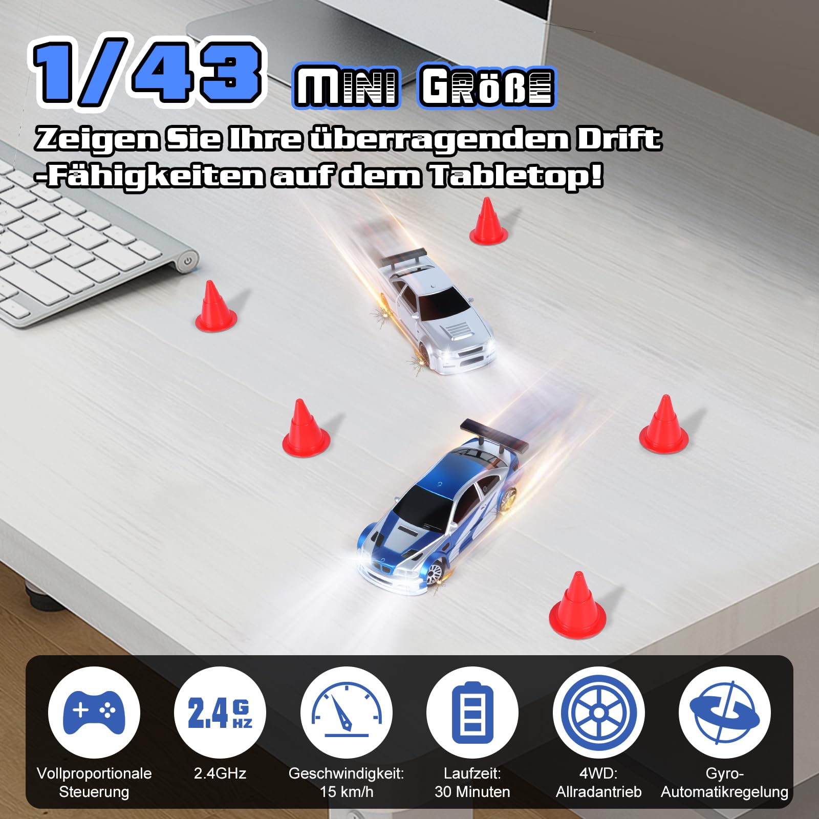 JONRRYIN Mini RC Drift Car Pro, 1:43 Frngesteuert Drift Auto, 4WD Tabletop Drift RC Car, Ferngesteuertes Auto mit Gyro, 15 km/h, Spielzeugauto für Kinder ab 14 Jahre (Blau Pro - Gyroskop)