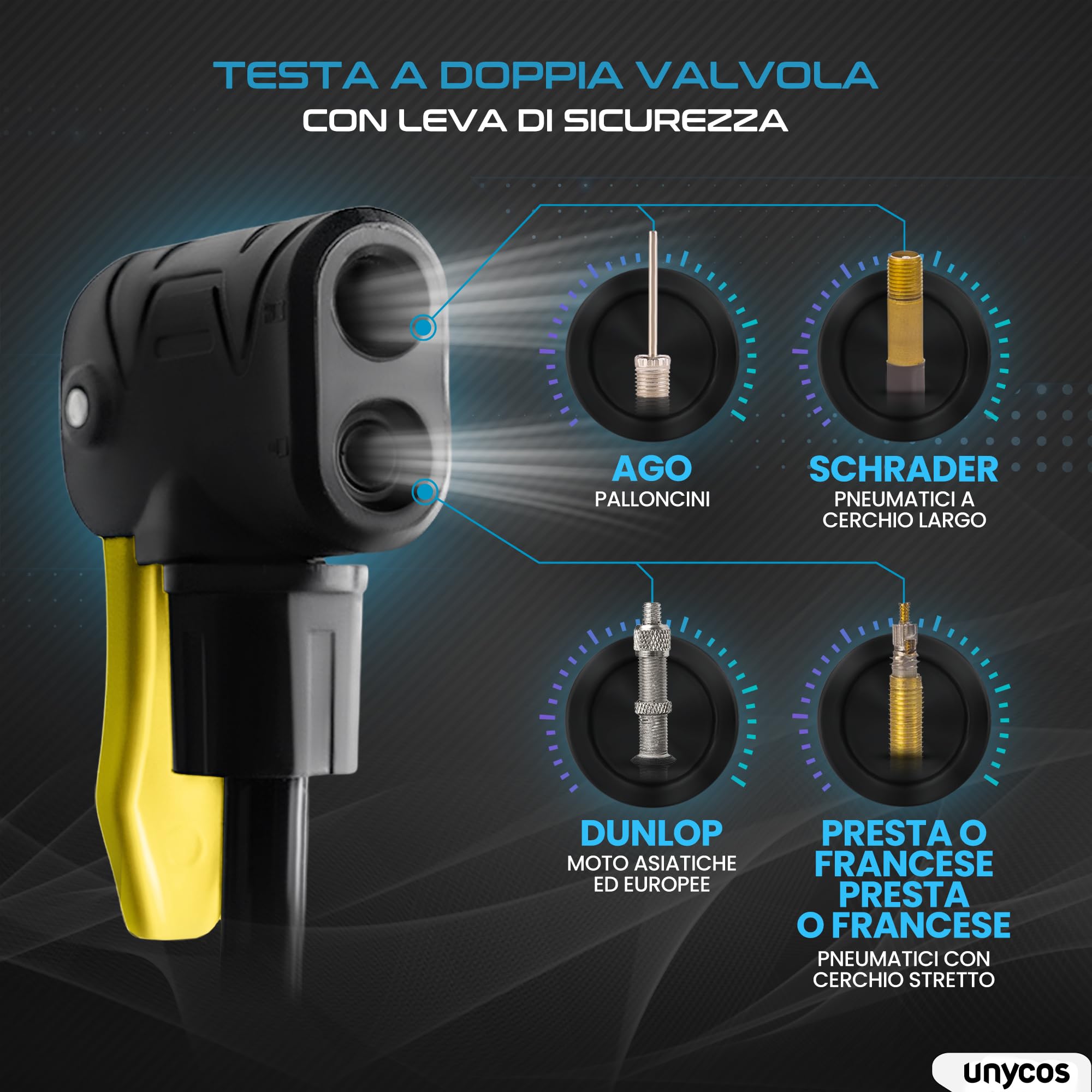 unycos - Pompa per Bicicletta con Manometro【160 PSI / 11 Bar】Compatibile con Valvole Presta e Schrader, Gonfiatore da Pavimento Portatile per Bici da Corsa, MTB, Moto, Palloni e Altri Gonfiabili