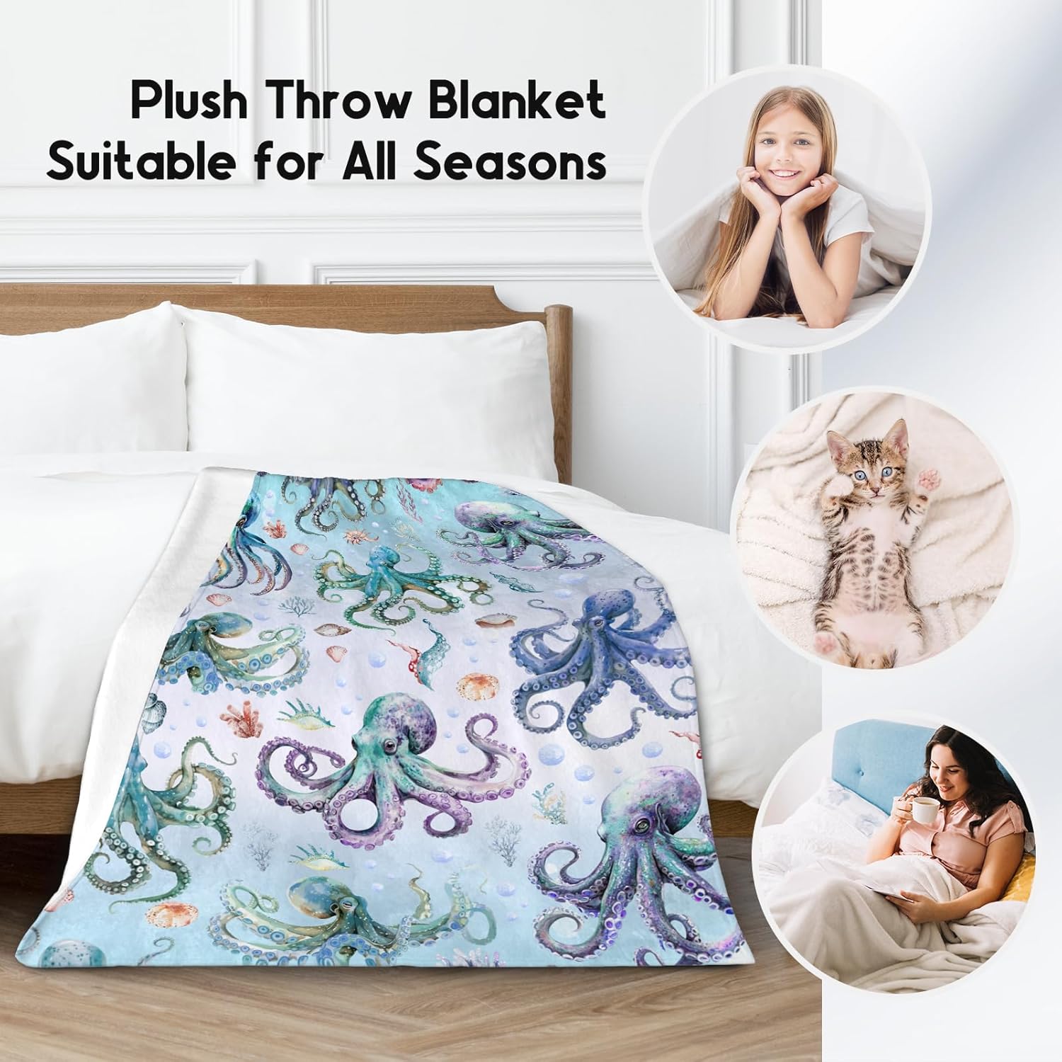 Octopus Blanket for Girls Boys, Cute Soft Gifts for Ocean Lovers, Cozy Flannel Throw for Couch Office, 40"x50" - Image 2