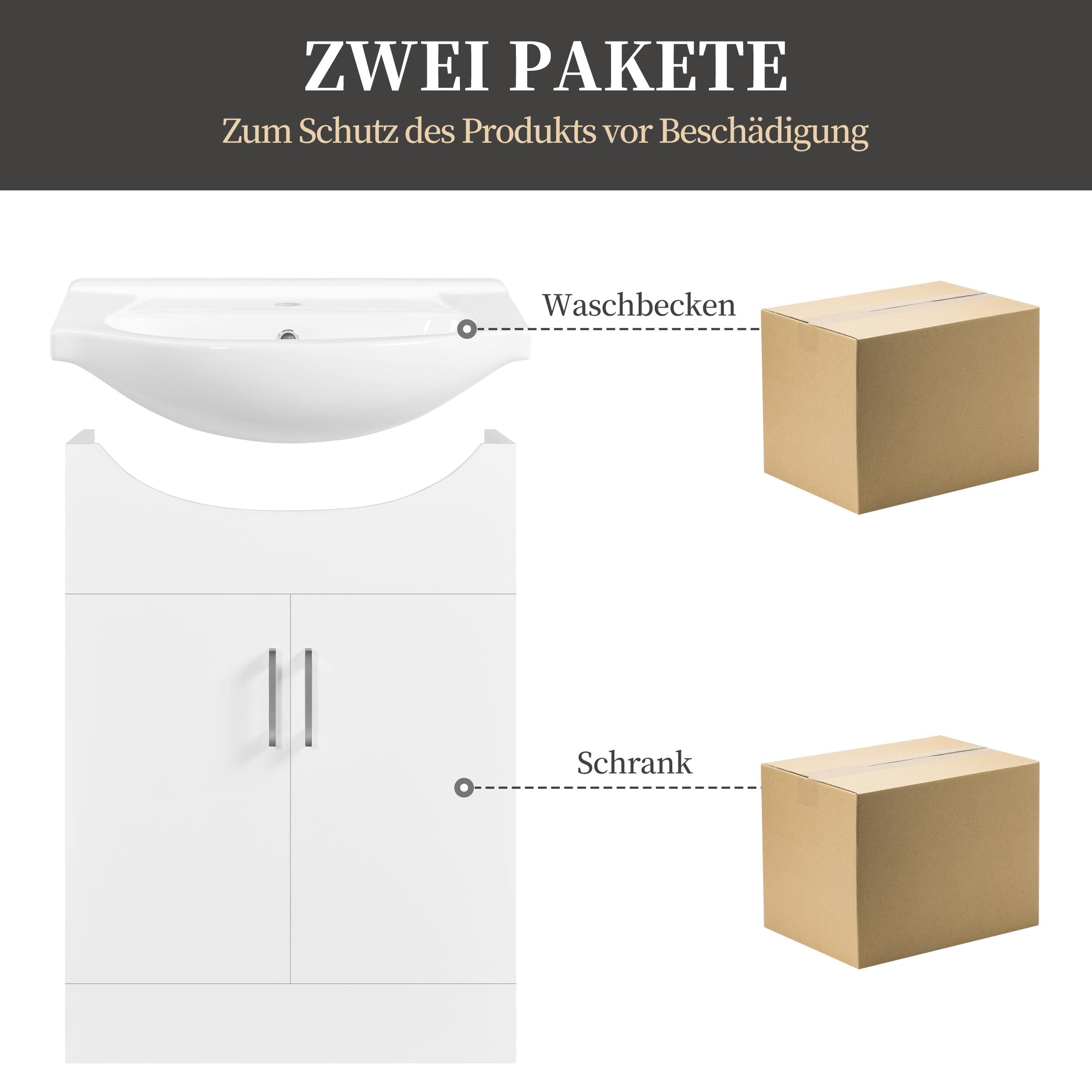Yaheetech Waschbeckenunterschrank Badezimmerschrank Unterschrank mit Waschbecken Badmöbel 2er Set Badschrank Standschrank mit 2 Türen Waschtischunterbau Keramikbecken Hochglanz, 61 x 43,5 x 84 cm