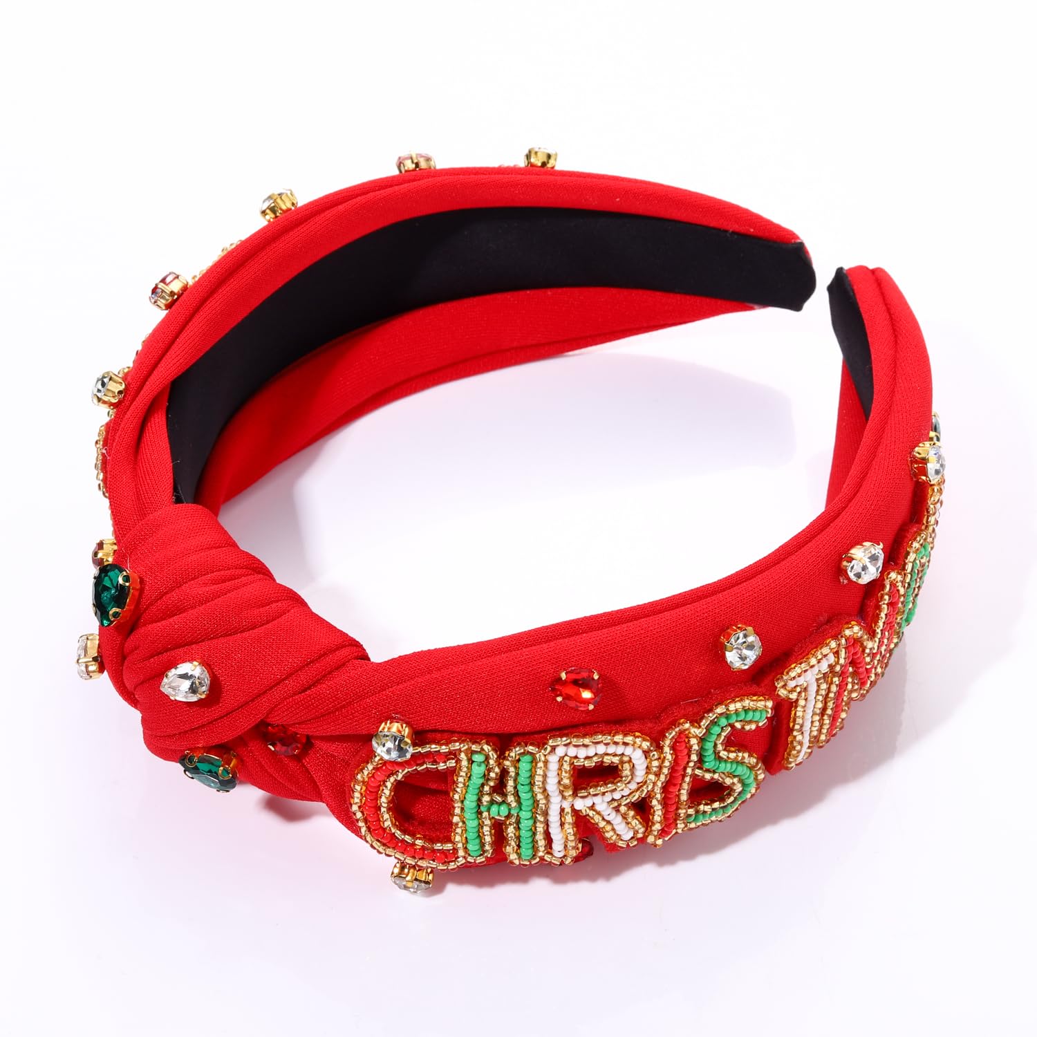 NVENF Cerchietto Natalizio In Velluto Con Perline Rosse E Verdi E Strass - Fascia Larga Per Capelli, Regalo Donna - 3