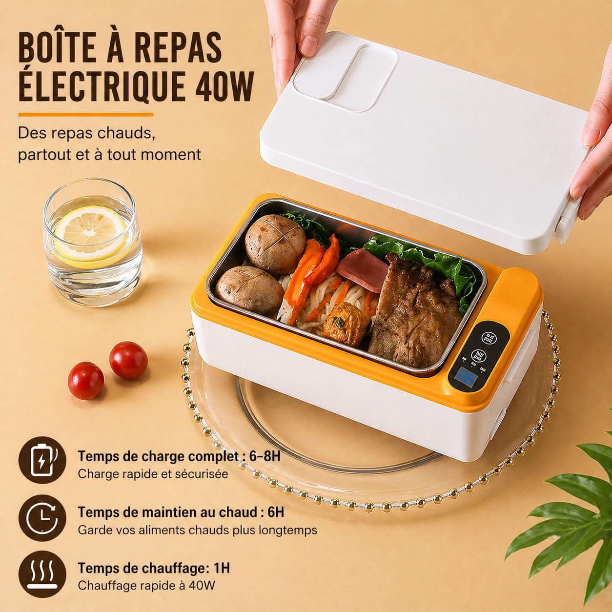 Boîte Repas Électrique Sans Fil 1L avec Batterie 12000mAh, Lunch Box Chauffante Portable, Chauffe-Plat Inox avec Écran et Minuterie, pour Travail, Bureau, Voiture, Camping