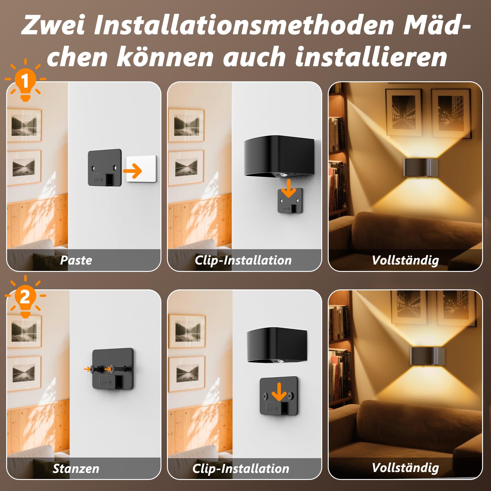 LED Wandleuchte Innen mit Bewegungssensor, 2 Stück 4000mAh Akku Kabellose Wandlampe mit Fernbedienung, 3 Farben/Modi Ohne Bohren Wanddeko Wandleuchte für Schlafzimmer Wohnzimmer Treppe Flur