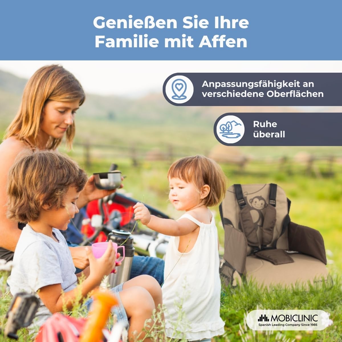 Mobiclinic® kids, Tragbarer hochstuhl, Monkey, Reisehochstuhl, 6 bis 36 monate, 15kg, Faltbar, Verstellbarer 5-punkt-gurt, Mit aufbewahrung, Baby, Babysitz, Farbe beige