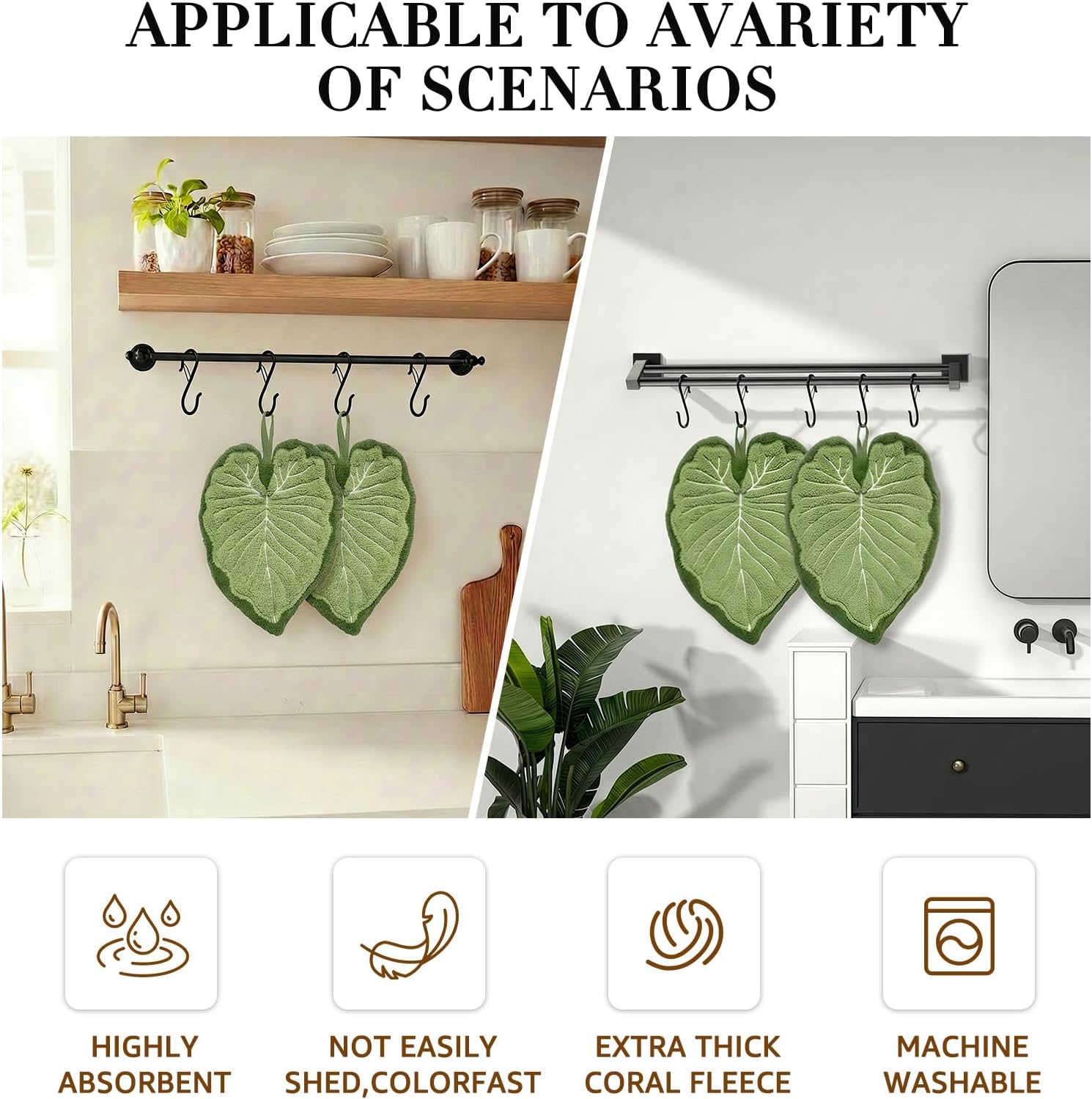 Sisher 2 Pack Cute Leaf Shaped Hand Towel,Kitchen Hand Towels with Hanging Loops,Boho Bathroom Hand Towels,Soft and Fluffy,Super Absorbent,The Ideal Home Accessory—Fresh Green Design