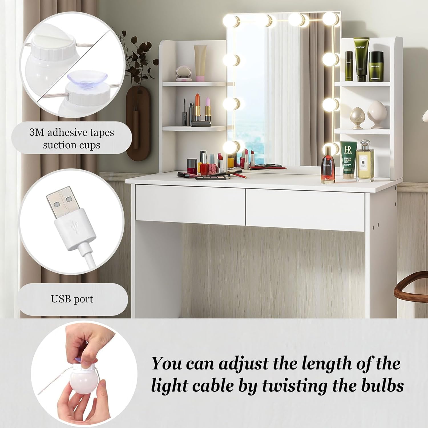 Small Makeup Vanity, Makeup Vanity Desk with Mirror and Lights, Drawers, Open Shelves, 3 Lighting Modes and Adjustable Brightness for Bedroom, Mini Makeup Vanity, White