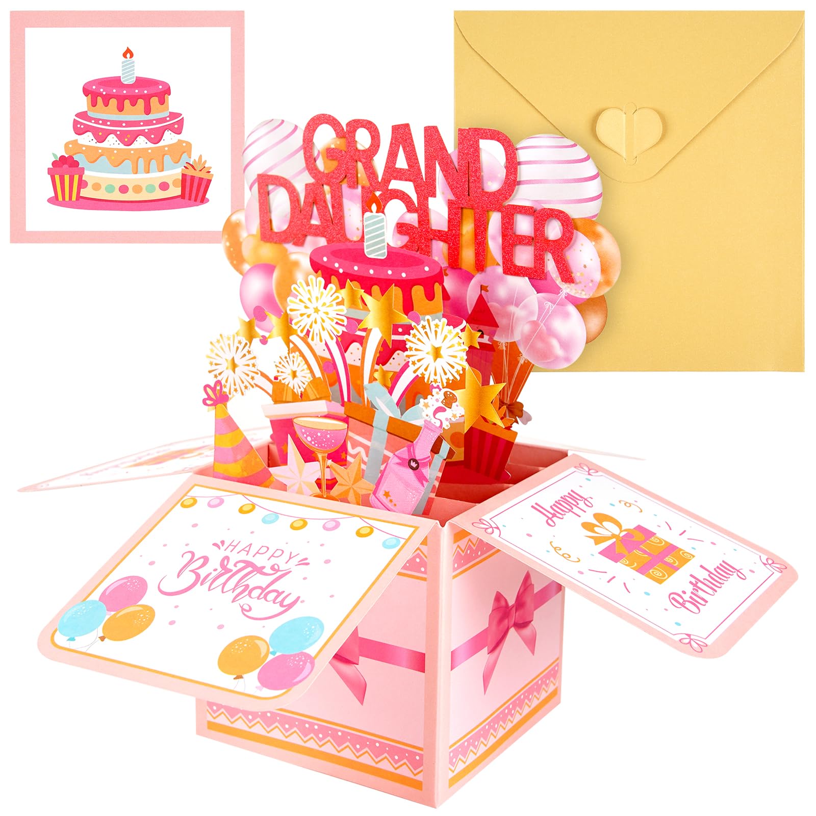 3D Granddaughter Birthday Cards,Pop Up Birthday Card for Granddaughter with Envelope and Note Card,Creative Pink Balloons & Fireworks Greeting Card Birthday Gift for Grand-Daughter from Grandparents