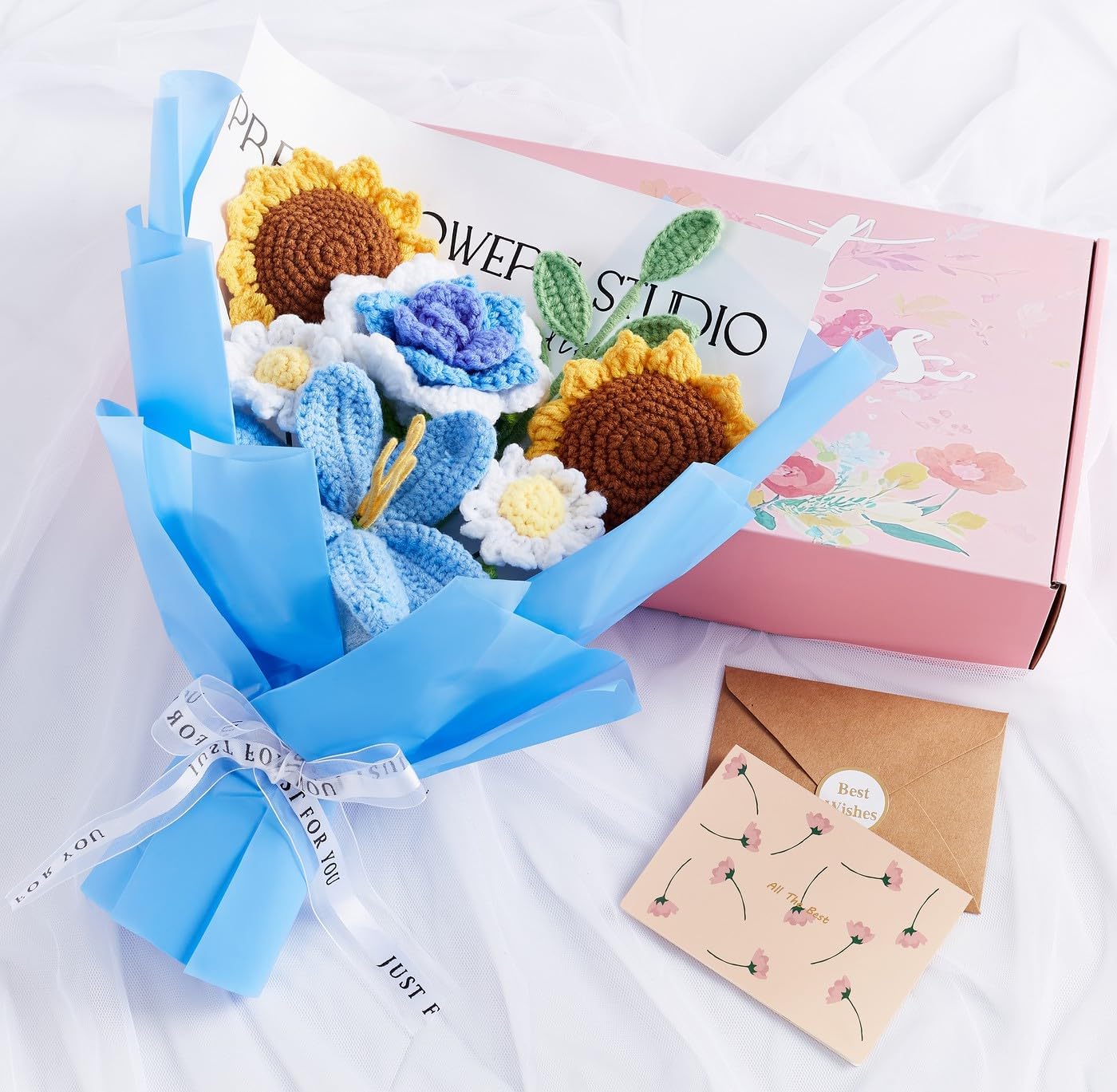 LAIDANLA Crochet Flower Bouquet Blue Sunflower Tulip Roses Bouquet for Her, Anniversary Birthday Graduation Crochet Flowers Bouquets Gifts for Women Teacher Mom Girlfriend