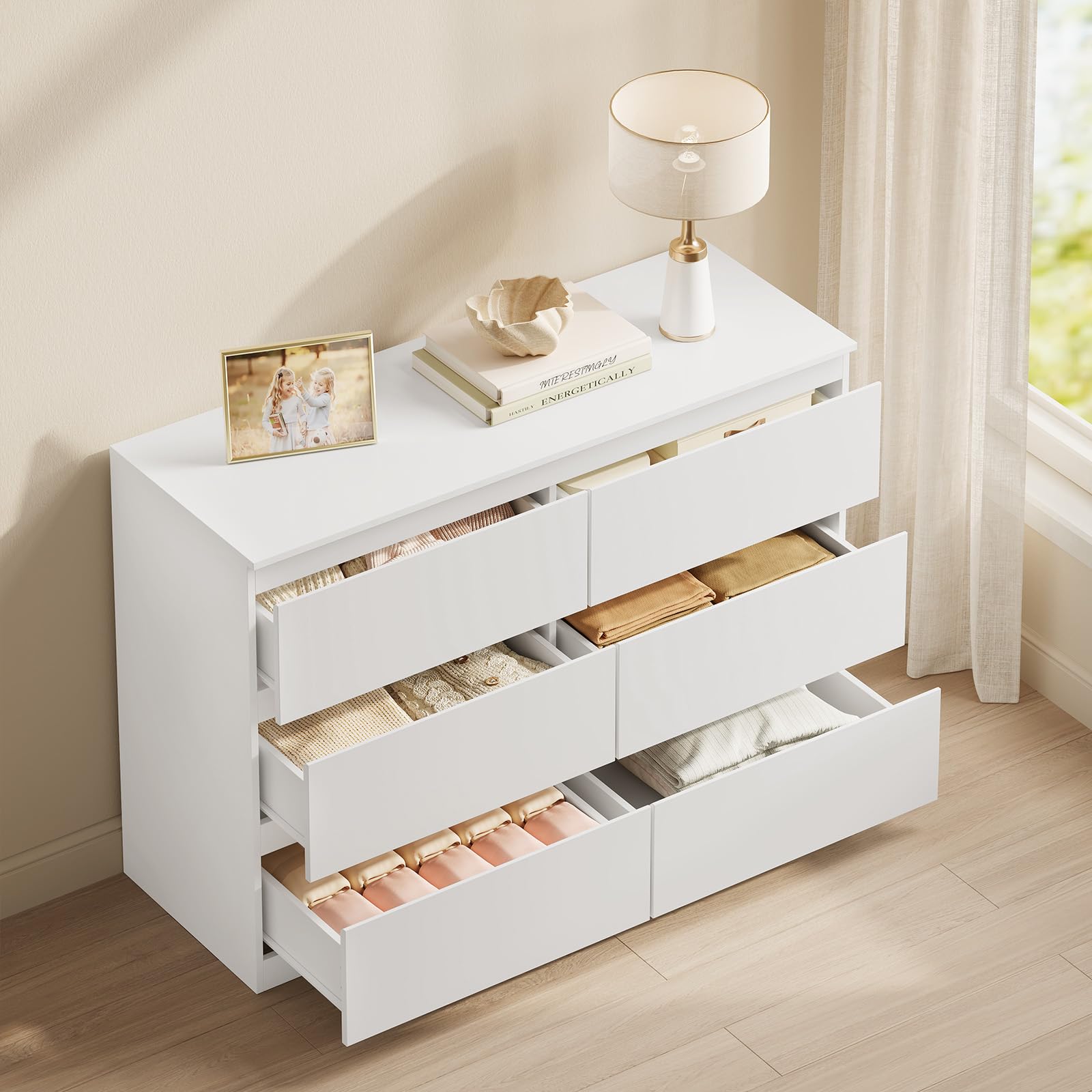 WOLTU Cassettiera, Mobiletto Salvaspazio | con 6 Cassetti, in Stile Moderno per Soggiorno, Camera da Letto e Corridoio, 100 x 36 x 69 cm, Bianco, Legno