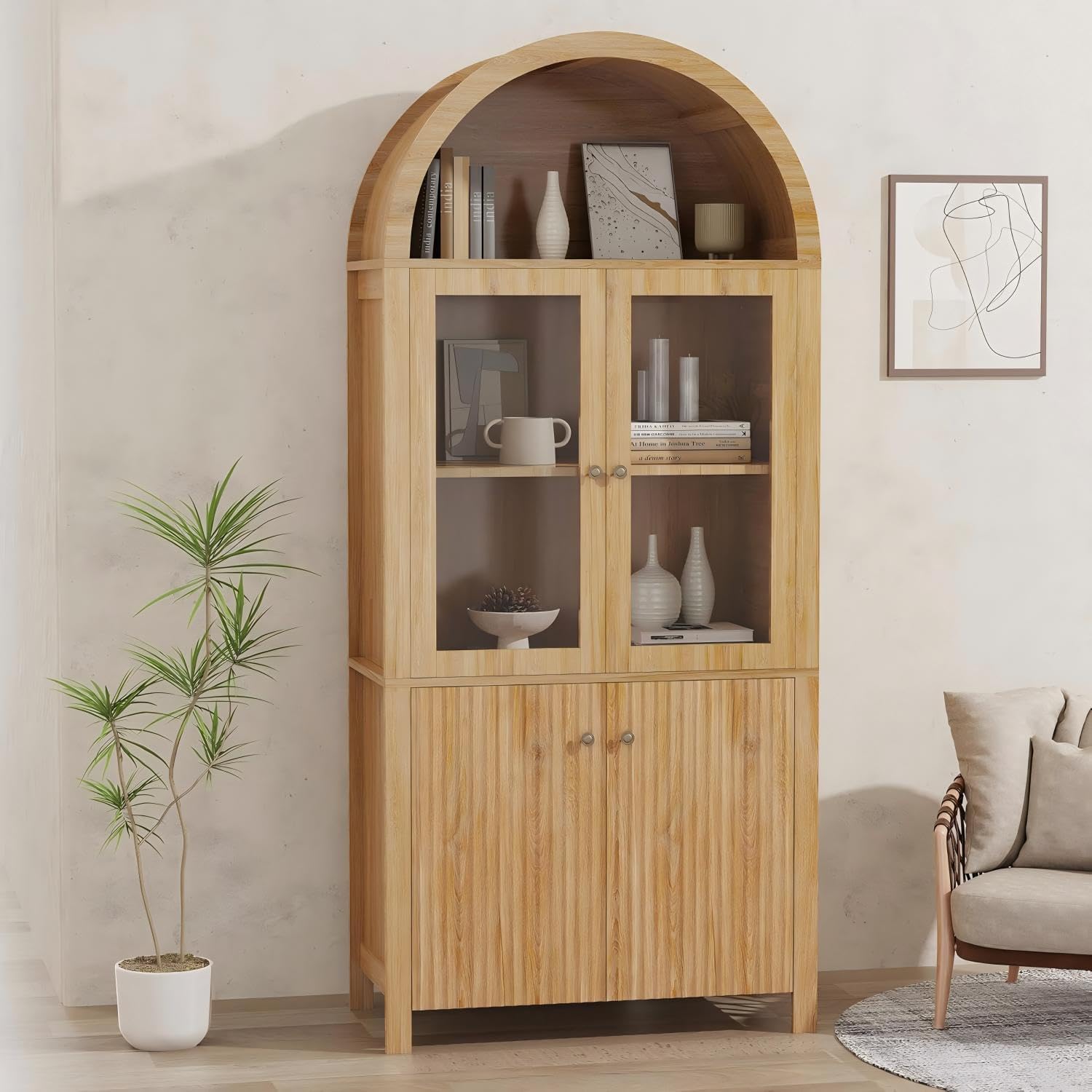 LINLUX Tall Arched Cabinet, 71” Versatile Modern Farmhouse Flute Pantry with 2 Tier Adjustable Shelves for Kitchen, Dining Room, Bathroom Anti-Tipping Device, Natural Wood