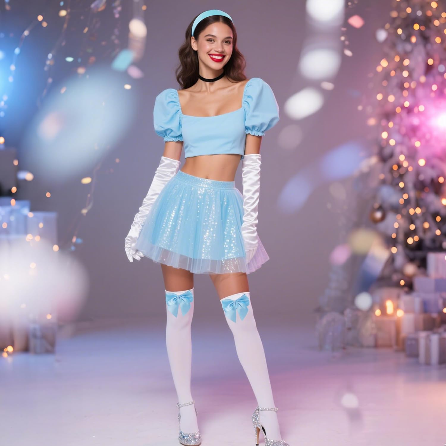 obmwang Women Princess Costume Accessories Princess Headband Long Gloves Thigh High Stockings Choker Set for Halloween Dress Up Party - Image 6