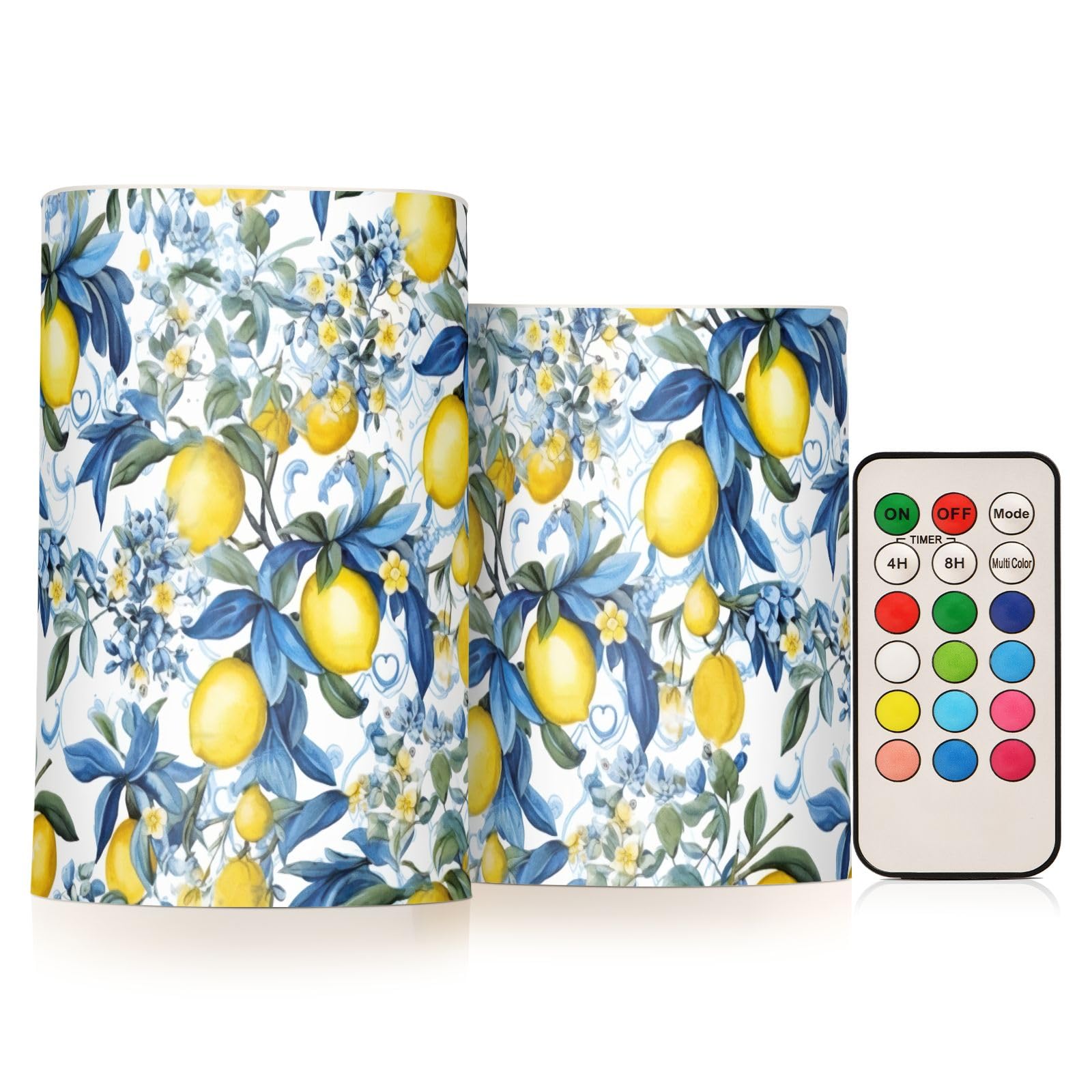 CHIFIGNO Sicilian Style Yellow Lemons Blue Flowers Flameless Candles Set of 2, Flameless Candles with Remote Electric Fake Plastic Candles Party Decor for Tables
