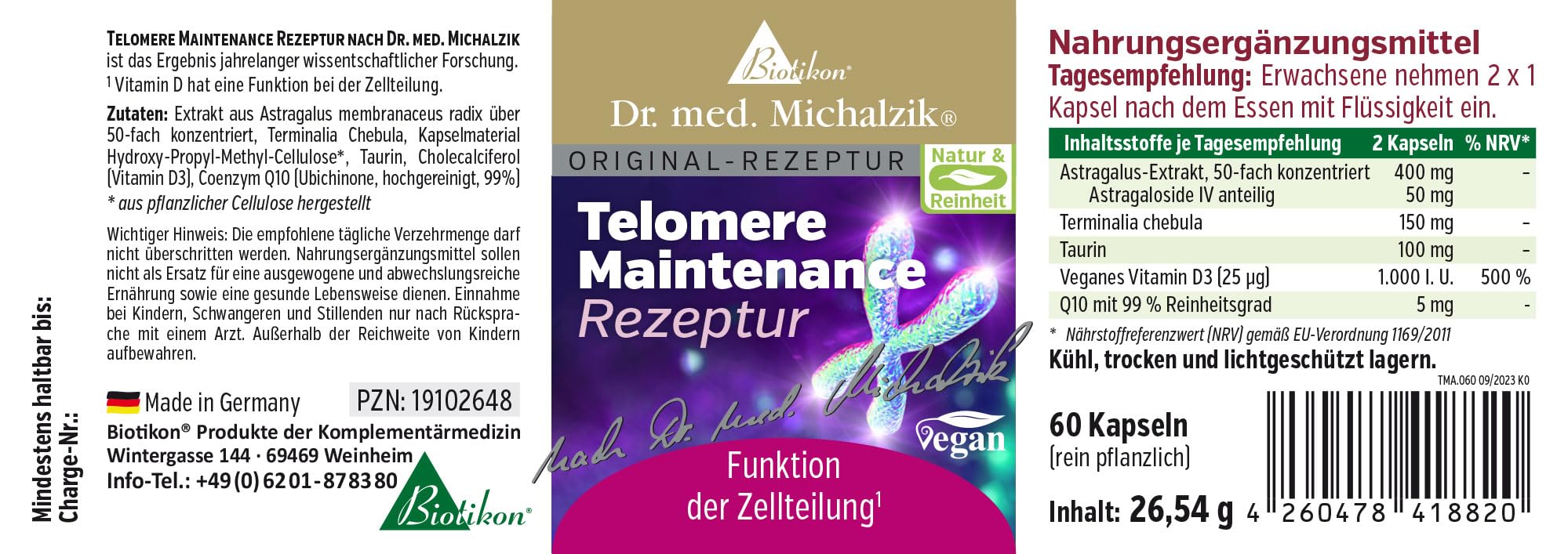 Telomere Maintenance Rezeptur Dr. Michalzik Astragalus-Extrakt, 60 Kapseln | Mit Astragalus-Extrakt, Astragaloside IV, Terminalia chebula und Vitamin D3 • eigene deutsche Produktion • ohne Zusätze