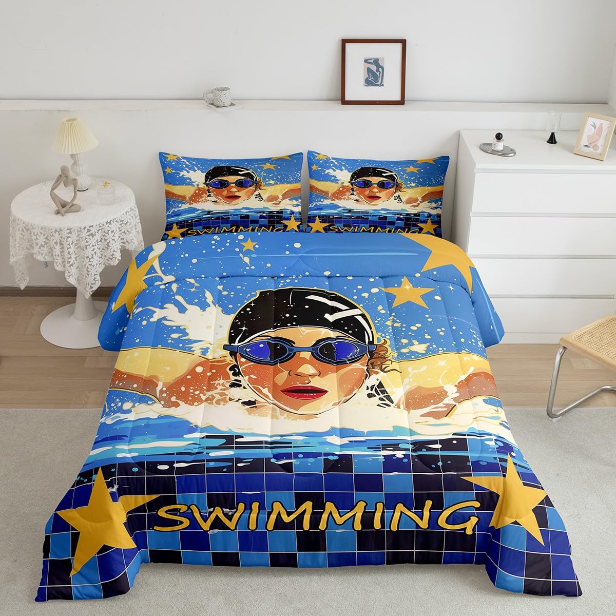 Castle Fairy Swimming Competition Comforter Set Toddler Size Modern Sports Theme Bedding Set Kids Boys Girls Swimmer Gift All Season Quilt Set Geometric Stars Print Bedding Comforter Sets,2Pcs