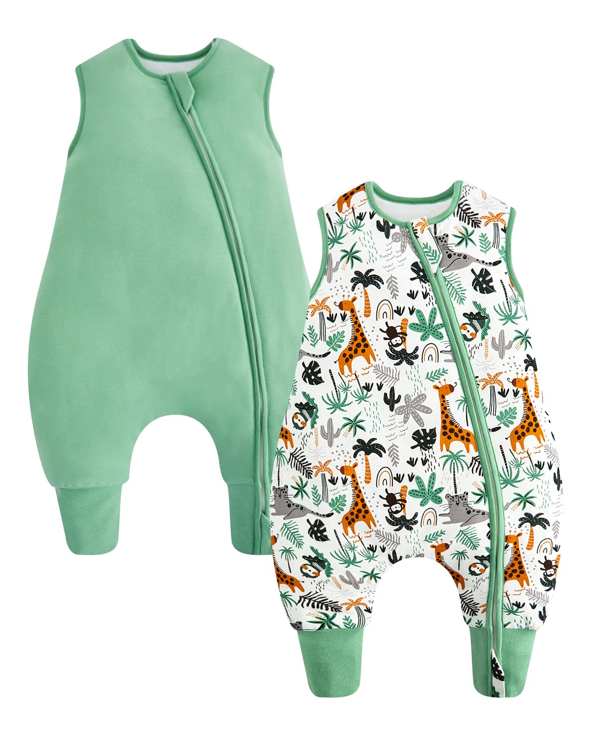 WYTbaby Baby Schlafsack mit Füßen 1.5 TOG 2er Pack, Warmer Ganzjahres Babyschlafsack aus Baumwolle für Babys & Kleinkinder Jungen Mädchen Grüne Giraffe 2–3 Jahre