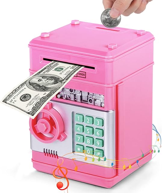 Thedttoy ATM Money Box for Kids Age 3-12, Electronic Money Bank Safe Piggy Bank for Girls Boys, Password Money Safe Savings Money Box for Girls Kids, Best Gift For Birthday Children's Day (Pink)