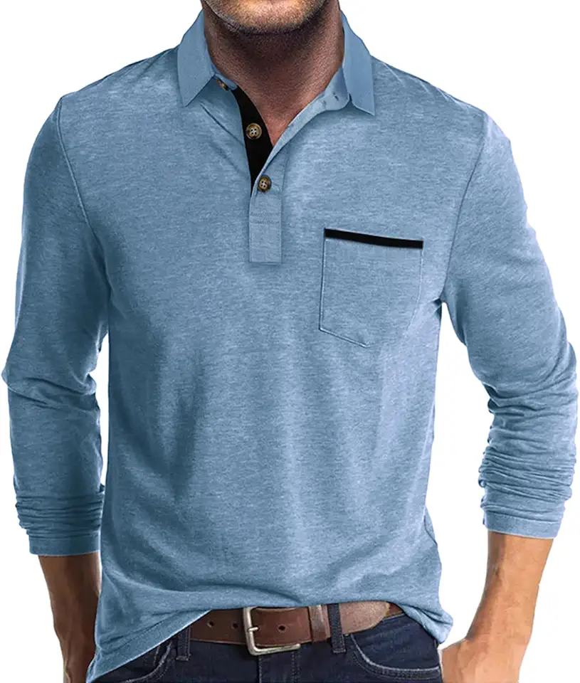 Mens Fashion Polo Shirts Cotton Classic Long Sleeve Thermal Button Shirt with Pocket