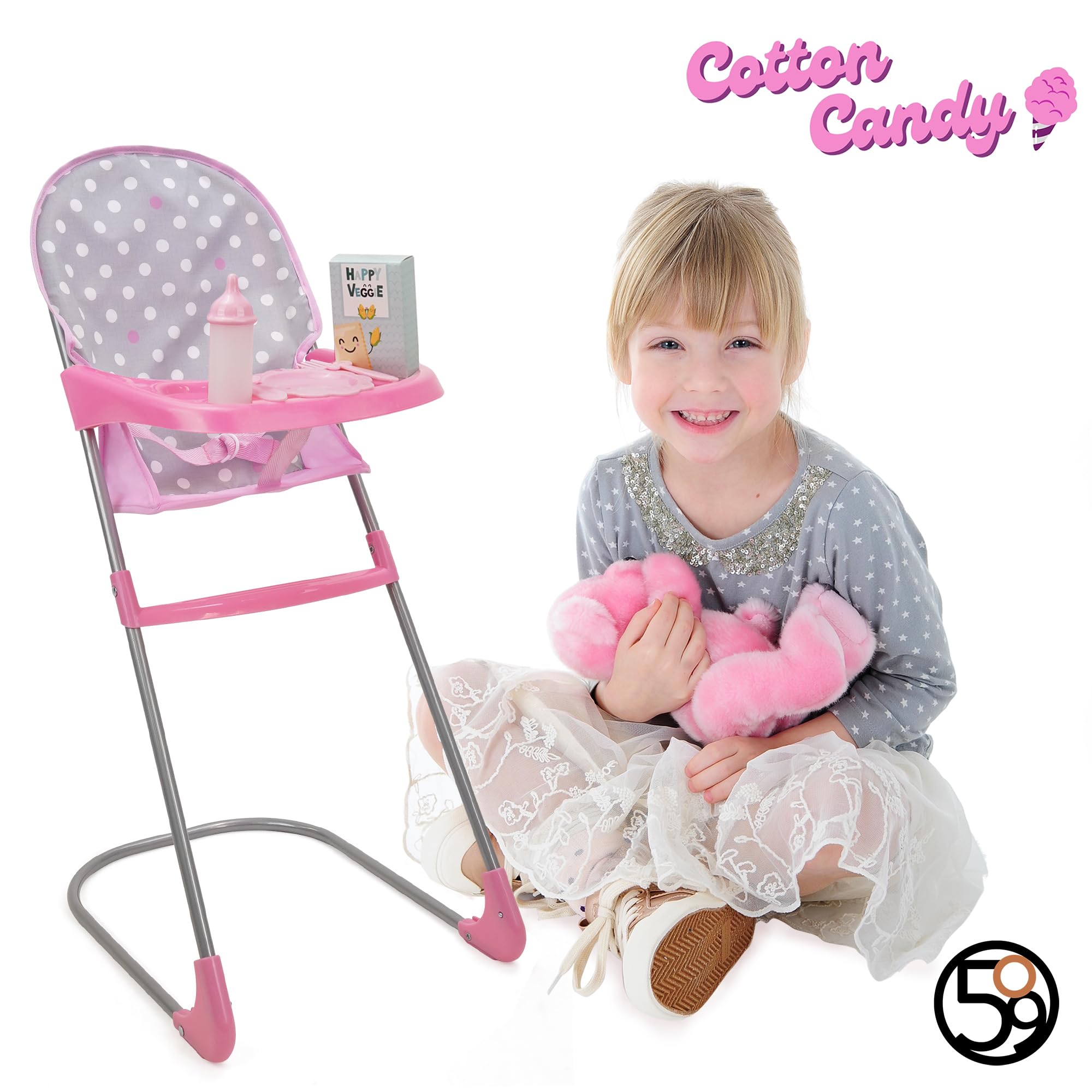 509 Crew Doll Pram n Feed 8 Piece Combo Play Set, Classic Doll Pram, Doll High Chair, Diaper Bag, 5 Piece Feeding Toys, for Dolls 46cm, Pretend Play for Kids Ages 3+