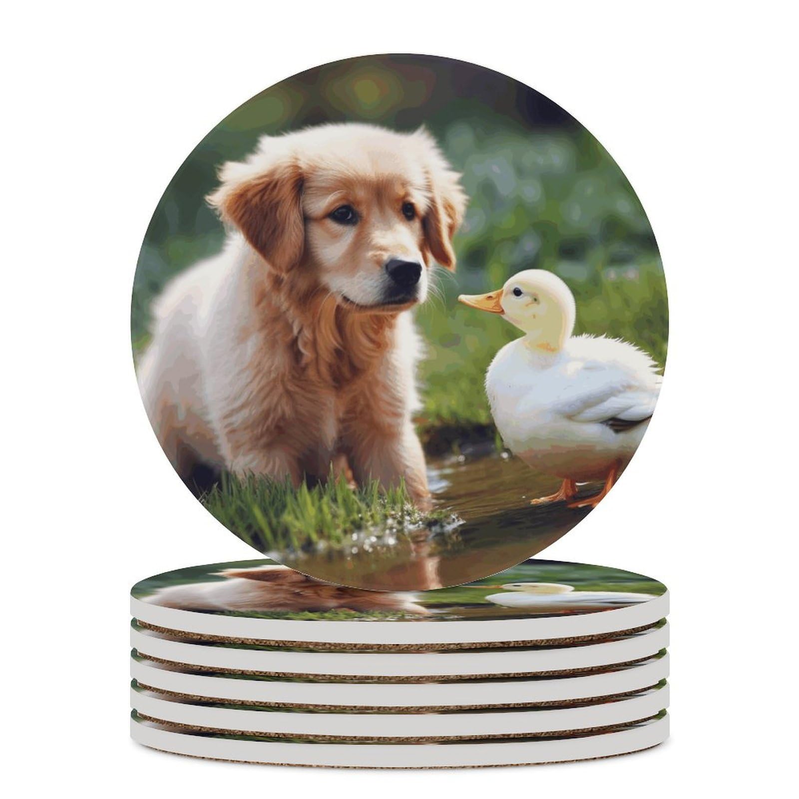 Dessous de verre céramique chien canard antidérapant absorbant lot de 6 rond