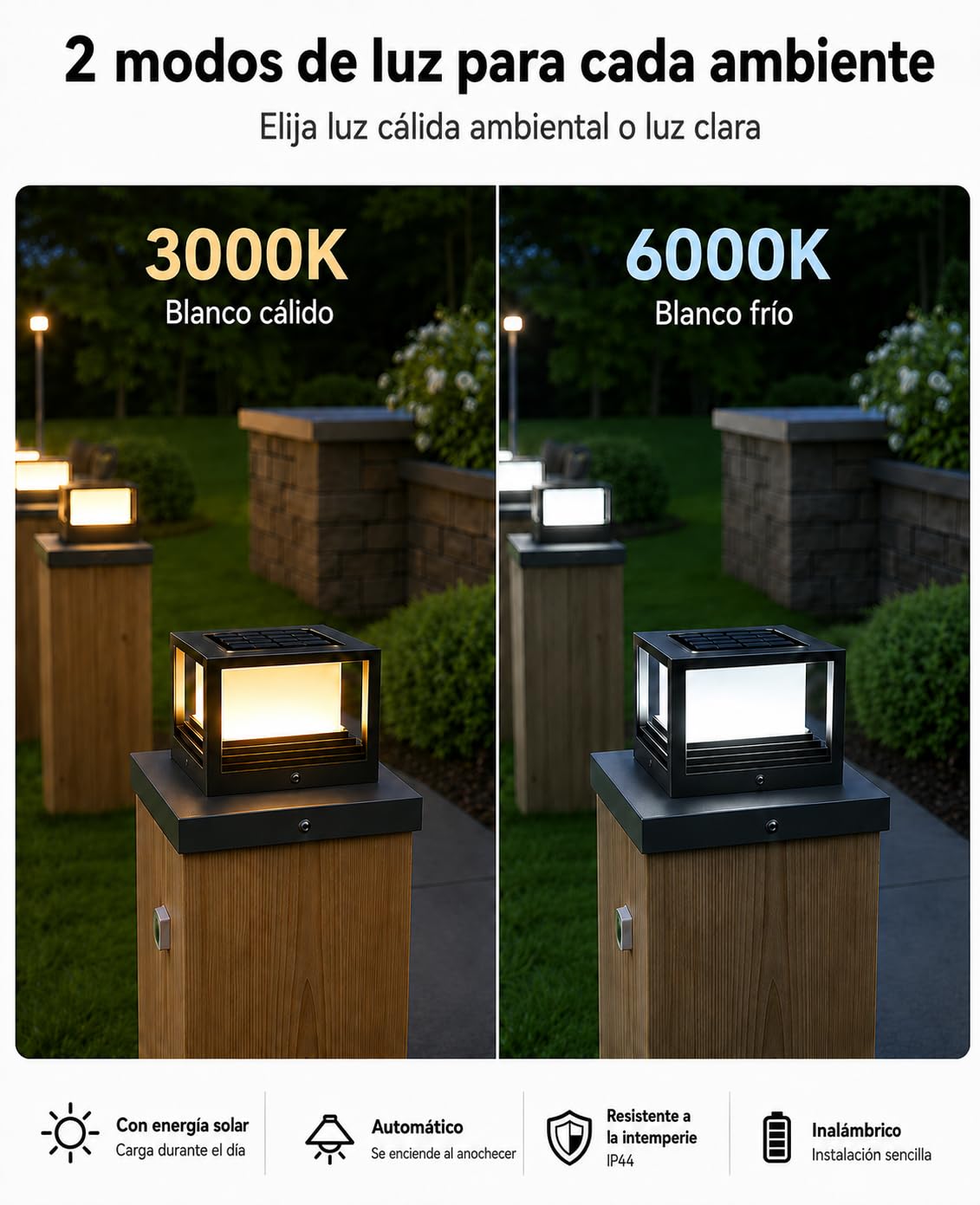 Farola Solar Exterior, 2 Piezas Luces Exterior Sobremuro, Luz Solar para Postes de Valla 8x8 9x9 10x10cm, IP65 Impermeable, 2 Modos, para Jardín Valla Terraza Postes de Madera