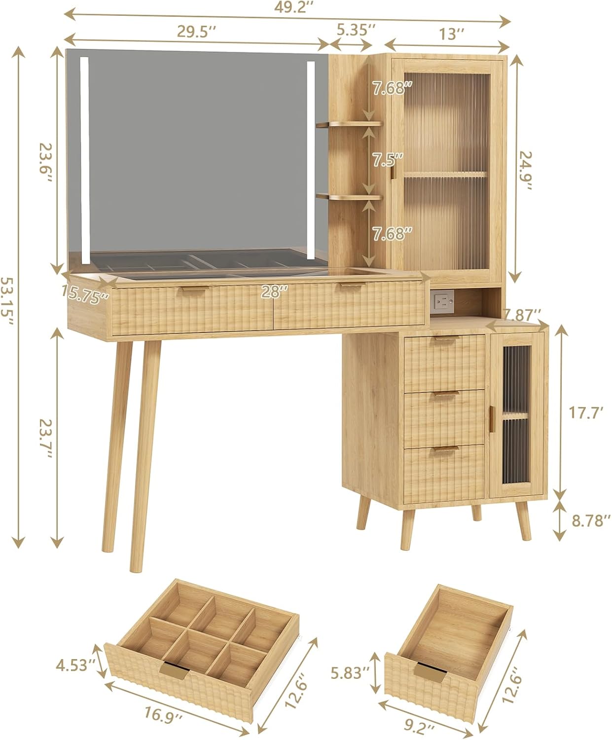 49" Boho Vanity Desk with Mirror and Lights, Wooden Fluted Makeup Vanity Table with Modern Glass Top, Charging Station, 5 Drawers, 2 Cabinet with Adjustable Shelves, Salon Station, Wood Oak