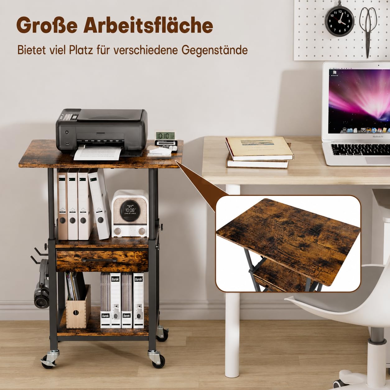 Yorbay Mobiler Druckerwagen mit Rollen fürs Büro: 3 Ebenen mit Schublade | Ordnet Drucker Scanner und Akten-Arbeitszimmer Büro Wohnzimmer-Höhenverstellbar mit 2 Fächern 2 Haken-Retro