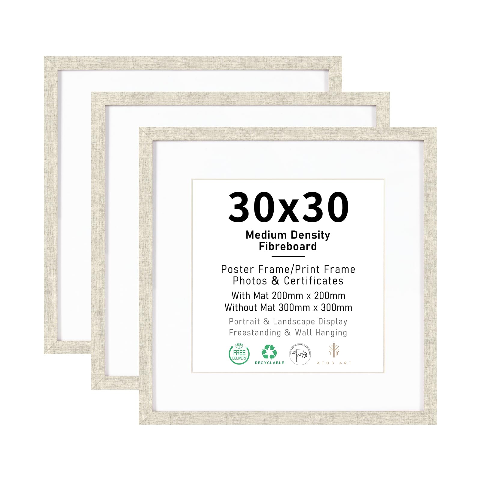 30x30 Picture Frame Set of 3, Display 20x20cm or 30x30cm Images, Linen White Wood Photo Frames for Wall Mounting Display
