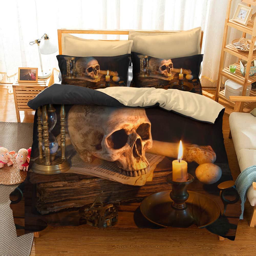 ZHH Candle Skull Skeleton Duvet Cover Set King 3D Printed Bedding Set Skeleton Quilt Cover Halloween Comforter Cover Gothic Style Duvet Cover with Zipper Closure (King Size)