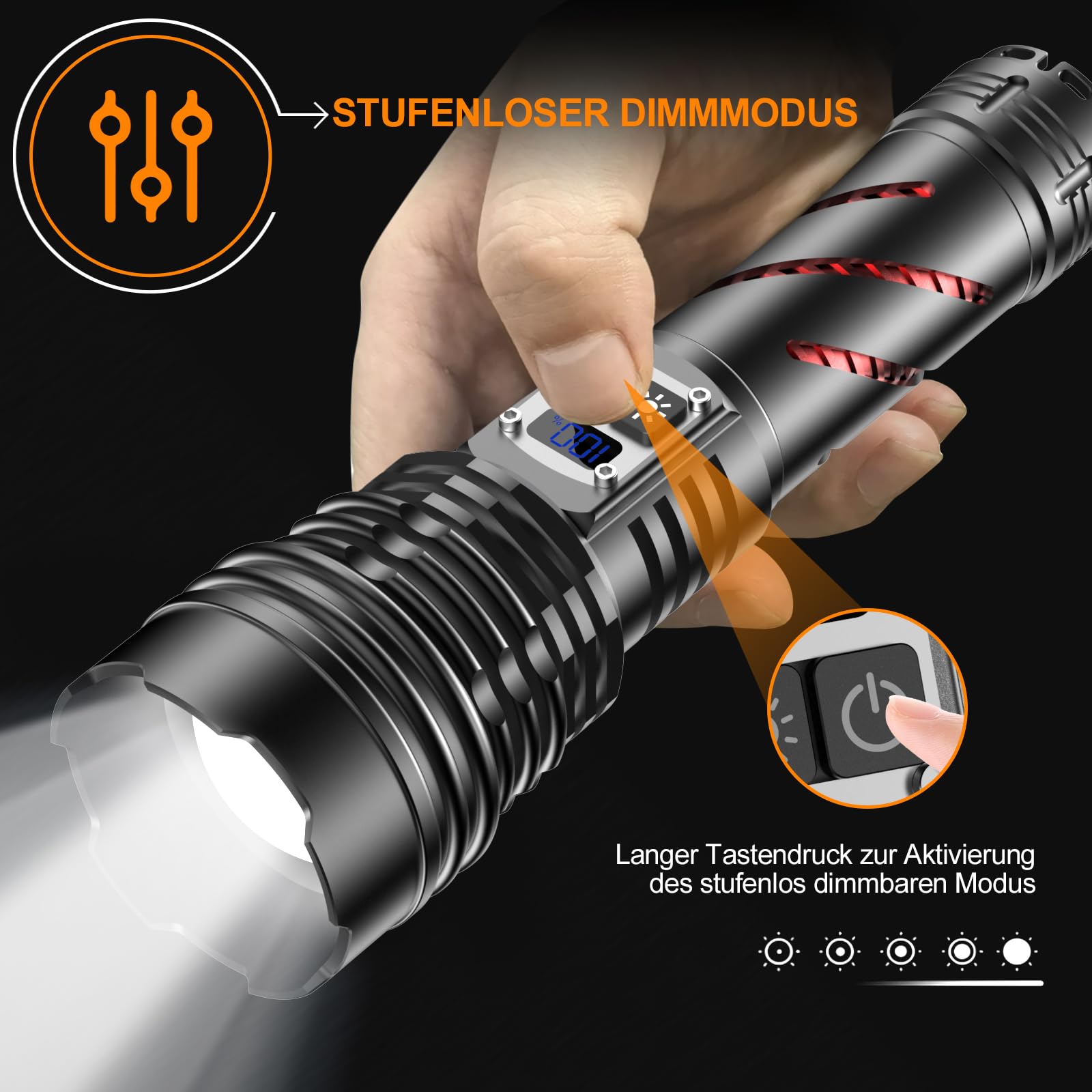 Relybo Led Taschenlampe Extrem Hell 1,000,000 LM - 60W Starke Taschenlampe | 1600m Reichweite Taschenlampe Led Aufladbar, 4 Modi, Stufenlos Dimmbar, Wasserdicht Für Outdoor Camping Wandern Notfälle