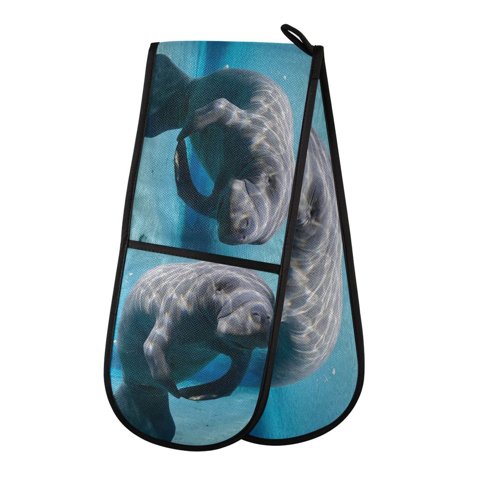 Double Oven Glove Sea Manatee Heat Resistant Double Ovens Mitt Modern Cooking Gloves Potholders