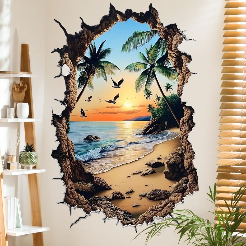 COVPAW Wandtattoo 3D Morgenglühen Wandaufkleber Sonnenuntergang Wandsticker Strand Kokospalme Meer Kinderzimmer Wohnzimmer Babyzimmer Schlafzimmer Wanddeko (Sunset)