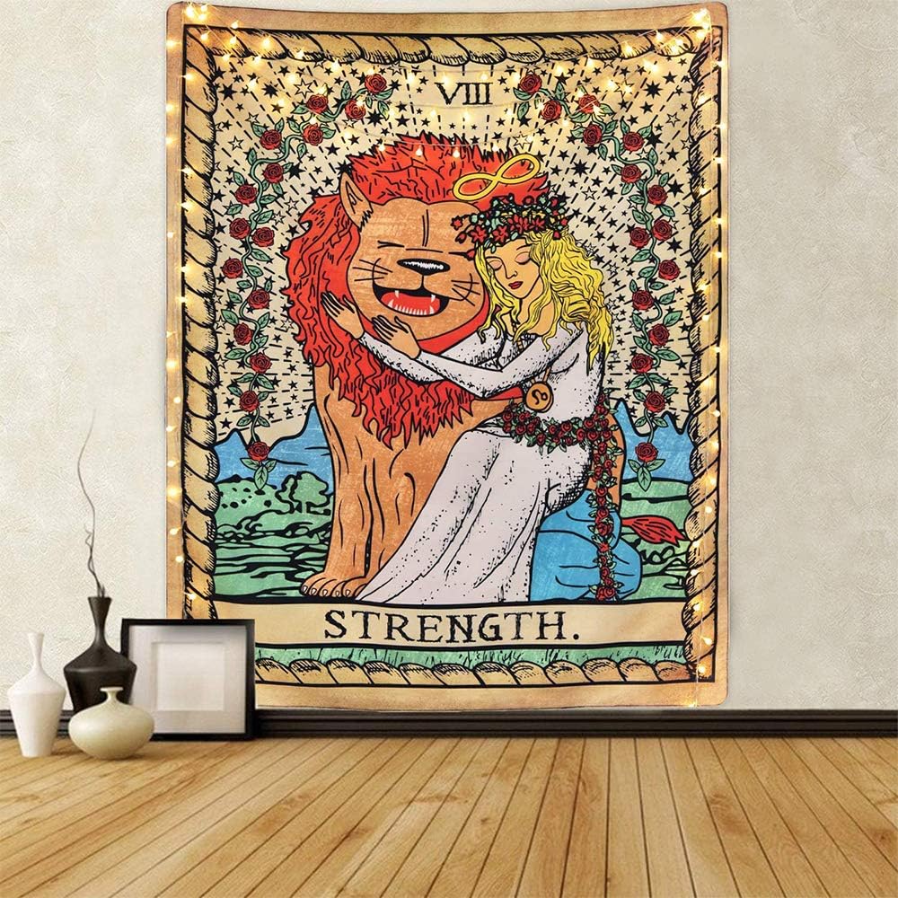 Tarot Tapestry The Strength Tarot Card Tapetsry Medieval Europe Mysterious Tapestries with Seamless Nails for Room Home Decor Large