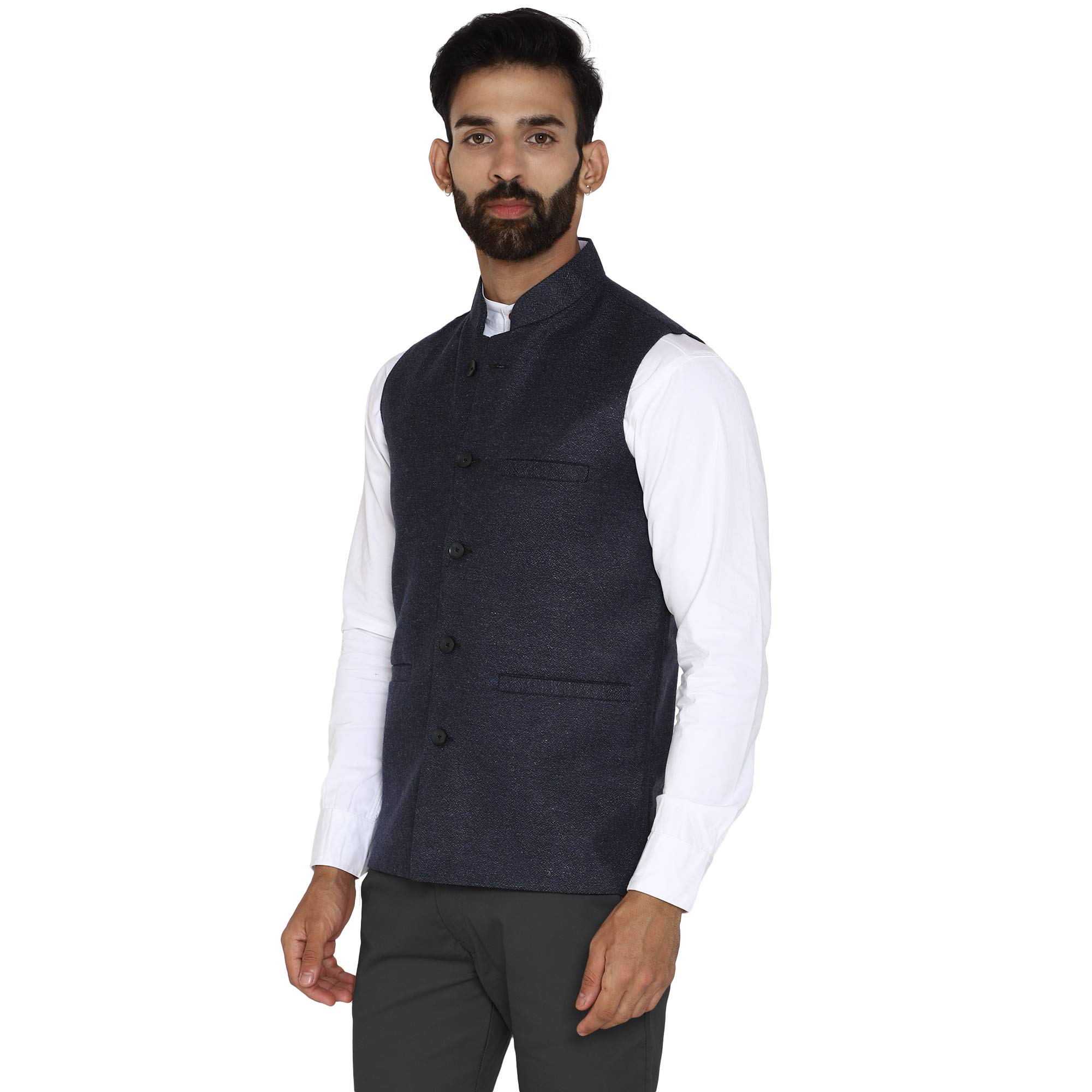 essentiele Men's Olive Green Checkered Wool Bandhgala Ethnic Nehru Jacket-picture-19
