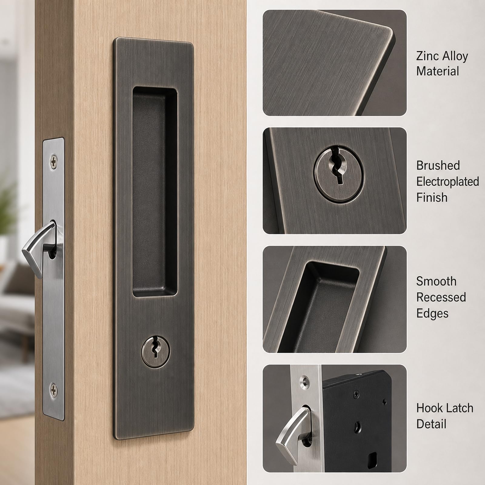 Cerradura Invisible para Puerta corredera,Cerradura de Puerta Corredera,Manilla Invisible para Puertas Empotradas,Cerradura de Embutir para Puerta Corredera,para baño,Armario,Cocina