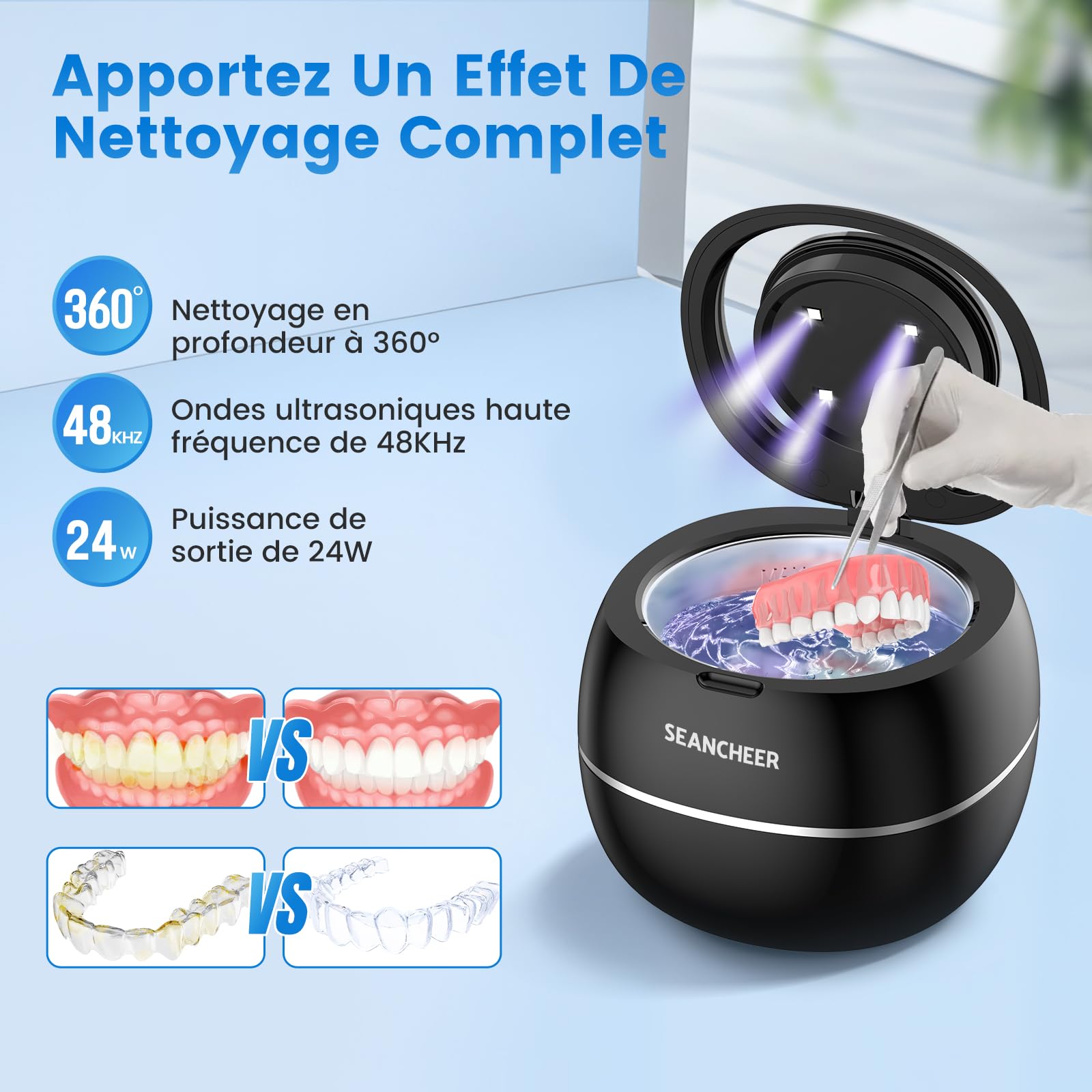 SEANCHEER Nettoyeur Ultrasons 48000Hz Bac Ultrason | 24W | 180ML | Mini Ultrasonic Cleaner Portable avec Lampe UV pour | Prothèses Dentaires | Gouttière Dentaire | Retainer | Bijoux | (Noir)