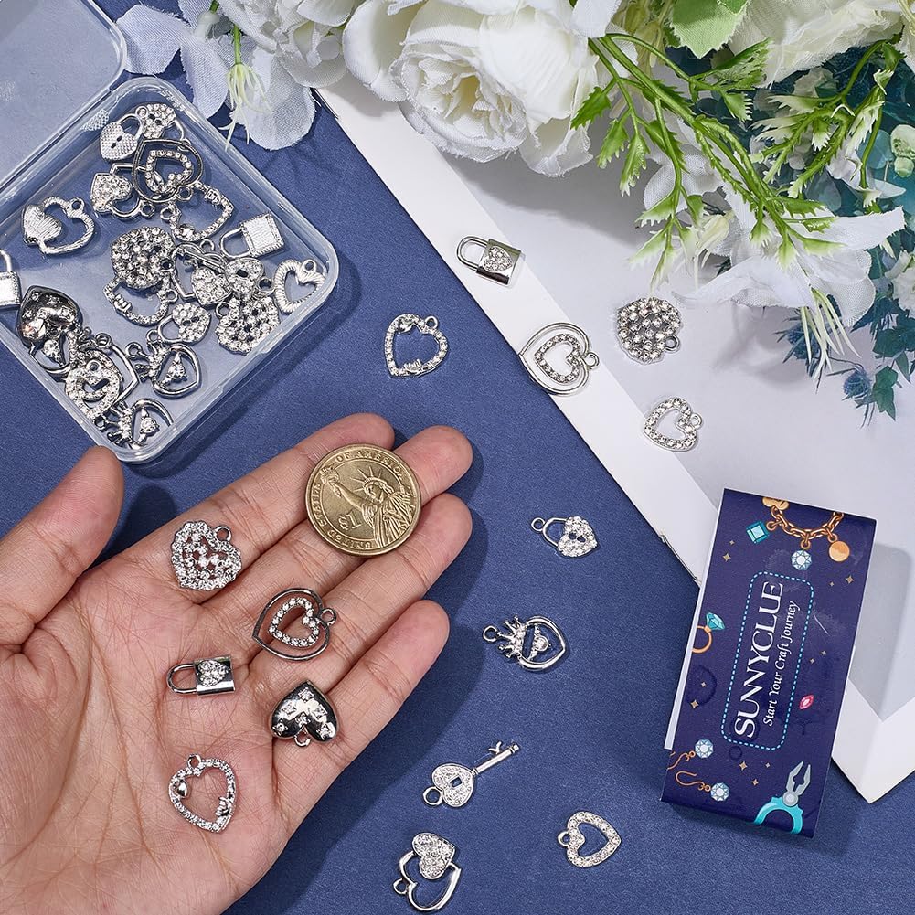 SUNNYCLUE 1 Box 40Pcs 10 Styles Rhinestone Heart Charms Silver Heart Alloy Charms Bulk Metal Valentines Love Lock Key Shaped Crystal Pendants for Jewelry Making Bracelet DIY Crafts Mothers Fathers - Image 3