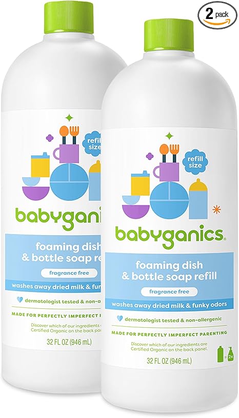 Babyganics Foaming Dish & Bottle Soap, Fragrance Free, Plant-Derived Cleaning Power, Removes Dried Milk, 32 Fl Oz (Pack of 2), Packaging May Vary