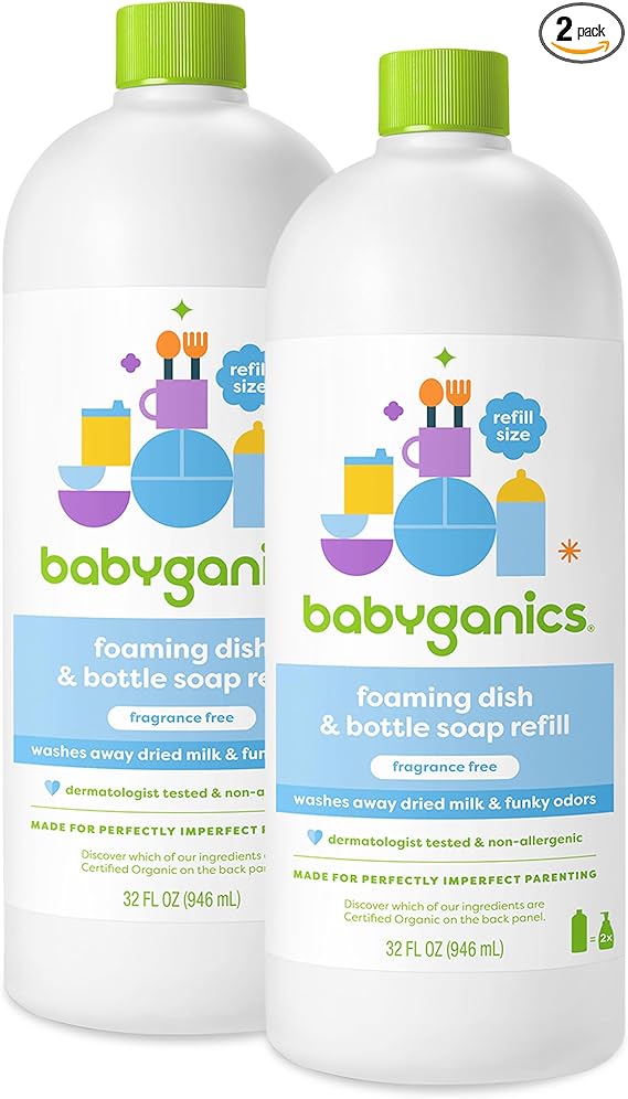 Babyganics Foaming Dish & Bottle Soap, Fragrance Free, Plant-Derived Cleaning Power, Removes Dried Milk, 32 Fl Oz (Pack of 2), Packaging May Vary