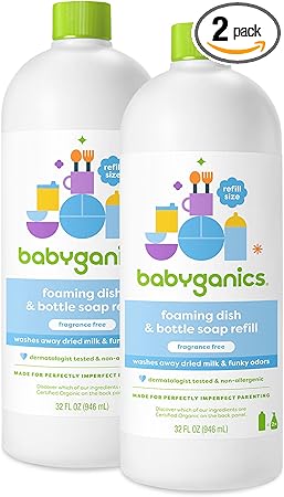 Babyganics Foaming Dish & Bottle Soap, Fragrance Free, Plant-Derived Cleaning Power, Removes Dried Milk, 32 Fl Oz (Pack of 2), Packaging May Vary