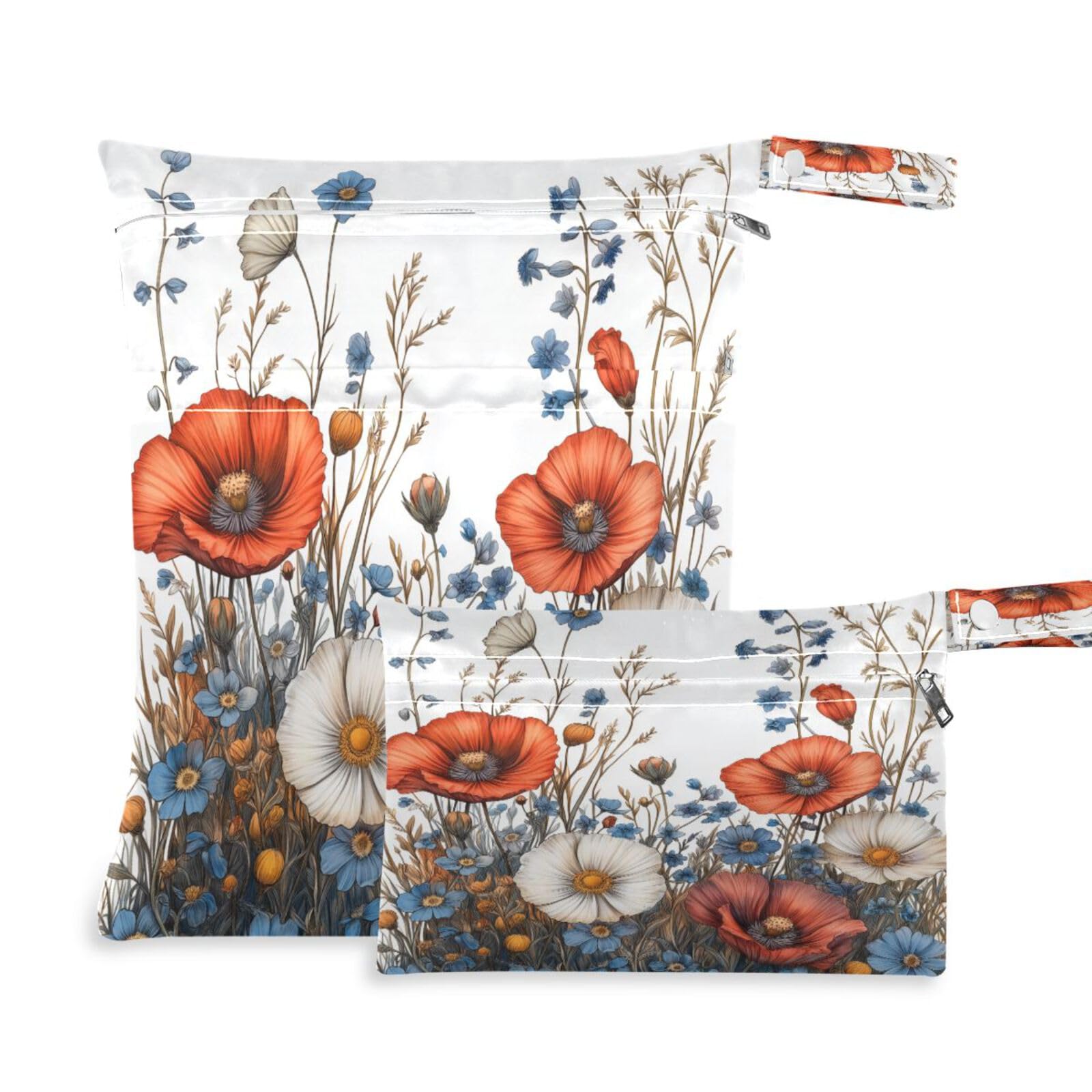 ATTX Elegant Wildflowers Wet Dry Bags 2-Pack - Reusable Cloth Diaper Storage for Travel, Beach & Gym | Multi-Use Waterproof Bags for Swimsuits, Baby Clothes, Sports Gear#386