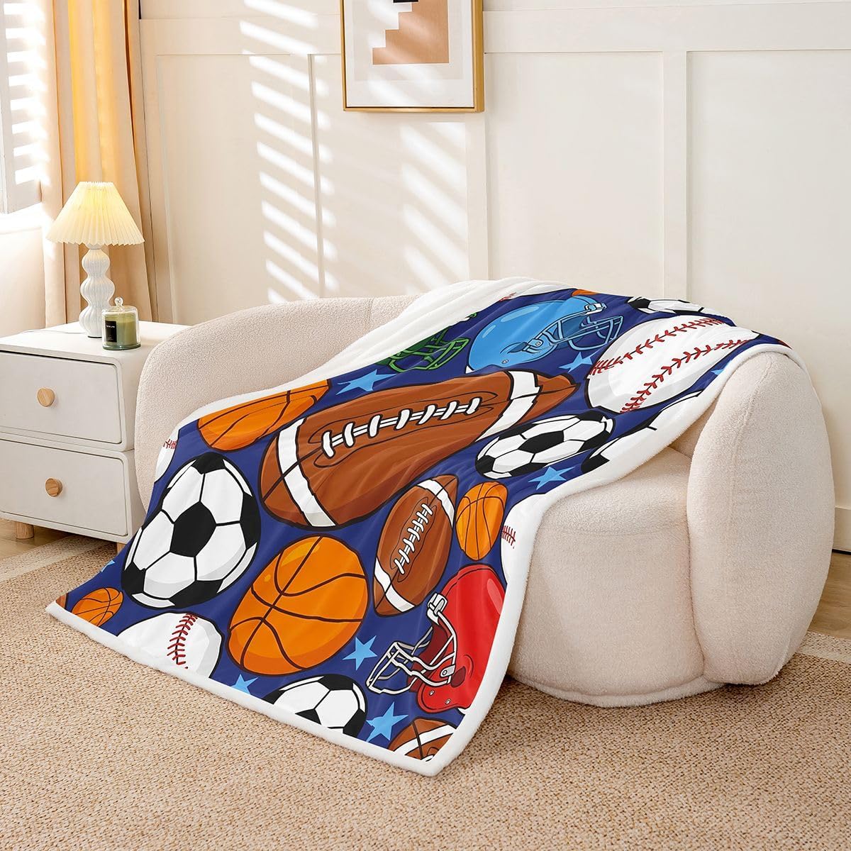 Feelyou Football Sherpa Throw Blanket for Couch Basketball Sports Super Soft Cozy Fleece Baseball Gaming Blanket for Winter, Plush Throw Blue Soccer Ball Game Twin 60"x80" All Season image 2
