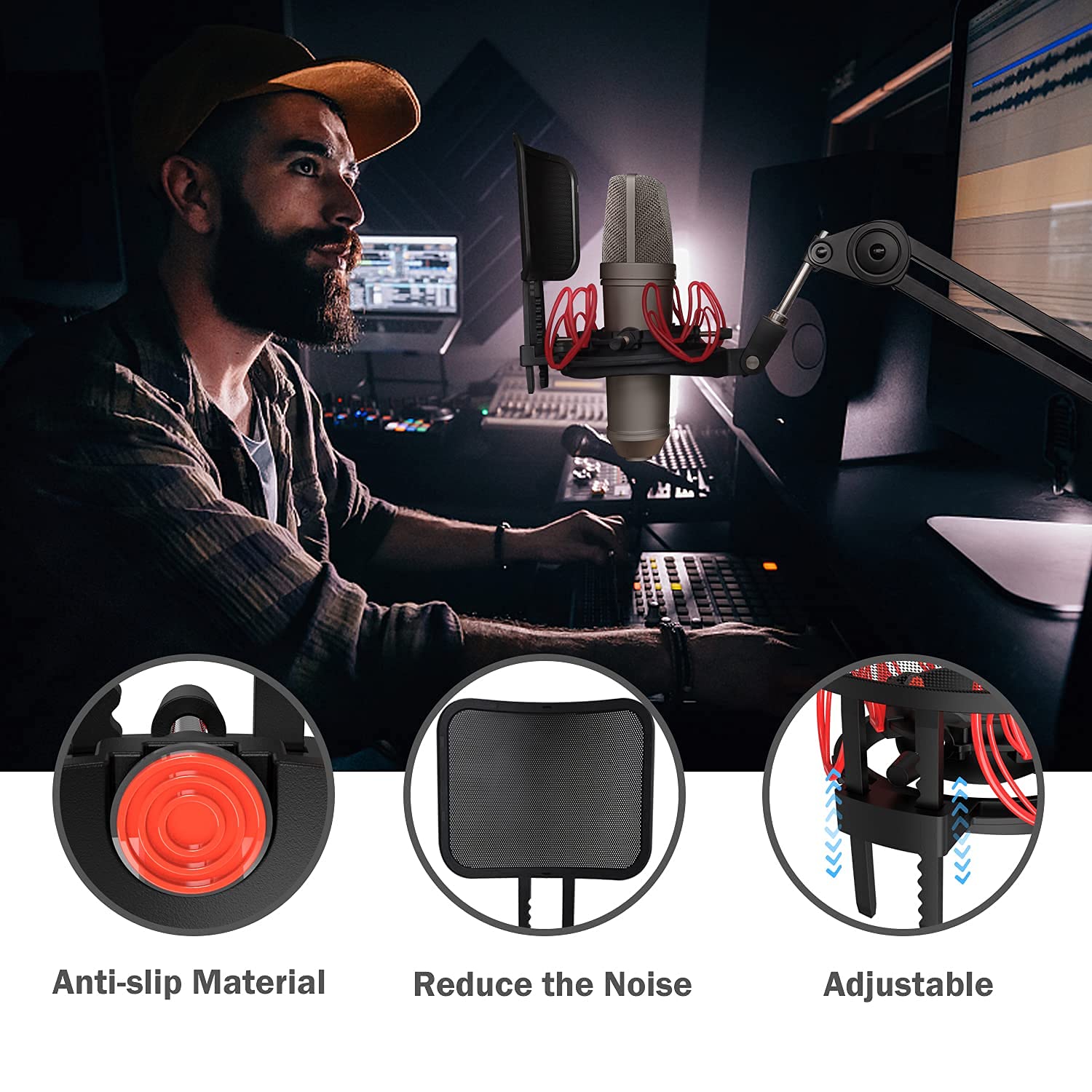 Universal-Mikrofon-Stoßhalterung mit Pop-Filter für alle Mikrofone mit einer Größe von 21 mm - 62 mm, inklusive Anti-Vibrationsmikrofonhalterung und Pop-Filter (rot)