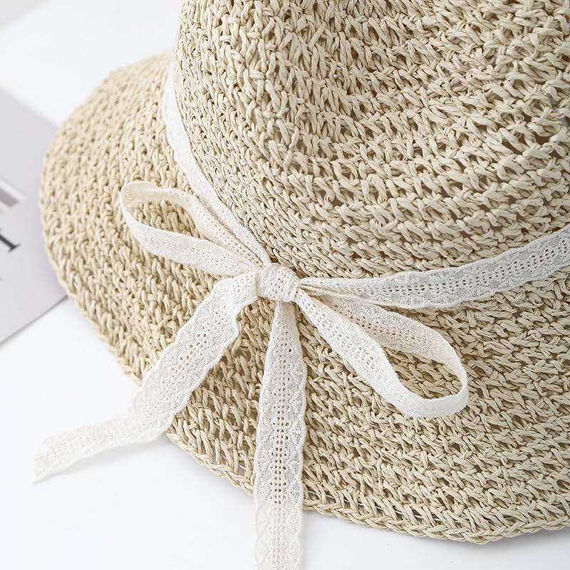 Sombrero de Paja Ahuecado de ala Ancha para Mujer,Ligero,con Lazo de Encaje de Perlas,Plegable,Transpirable,para Playa,para Caminar y Viajar