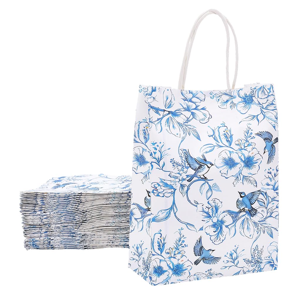 GOMAKERER 32 Pcs Blue White Party Bags, 16x7.8x21.8cm Floral Bird Gift Bag with Handles Chinoiserie Hydrangea Branches Package Bags for Wedding Birthday Supplies Party Supply
