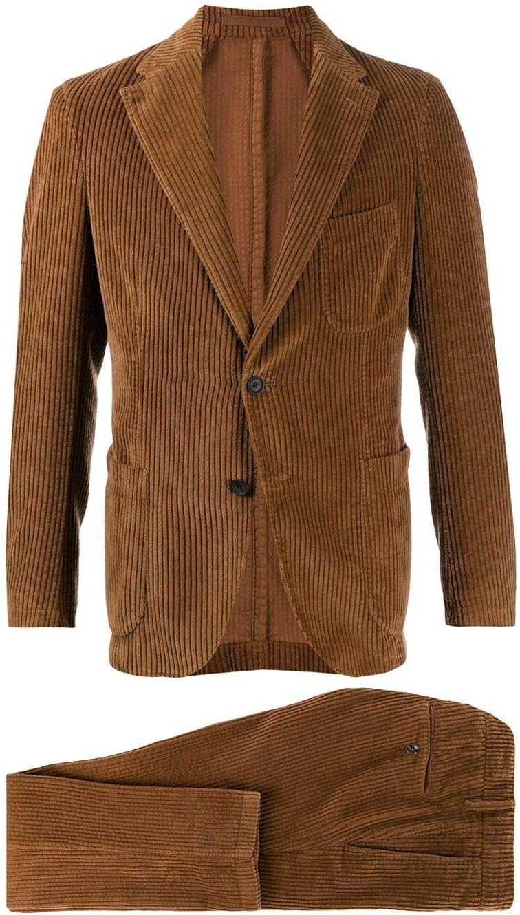 Mens Slim Fit Corduroy Brown Suit 2 Pieces for Jacket Pant Suit Tuxedo