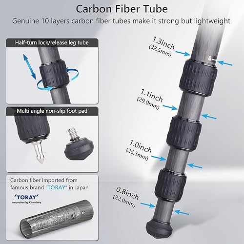 Miniatura 7 de Trípode de fibra de carbono con bolsa de piedra ARTCISE AS80C Trípode de video para cámara resistente de 10 capas, carga máxima de 45 libras (regalo
