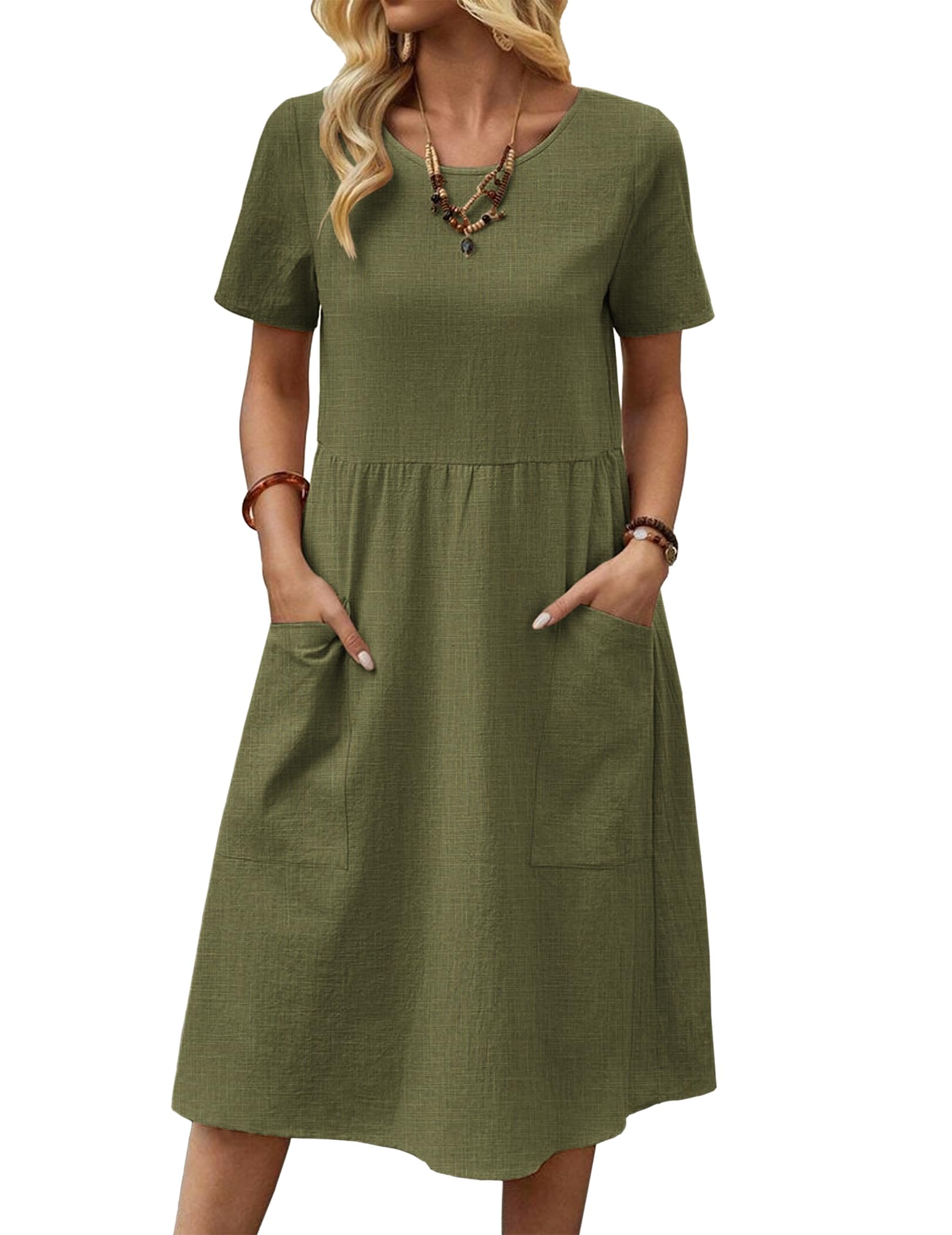 ROFUSSO Zomerjurk voor dames, linnen, katoen, mouwloos, losse maxi-jurk, casual, ronde hals, strandjurk, elegant, boho, tankjurk met zakken, lichtgroen, S