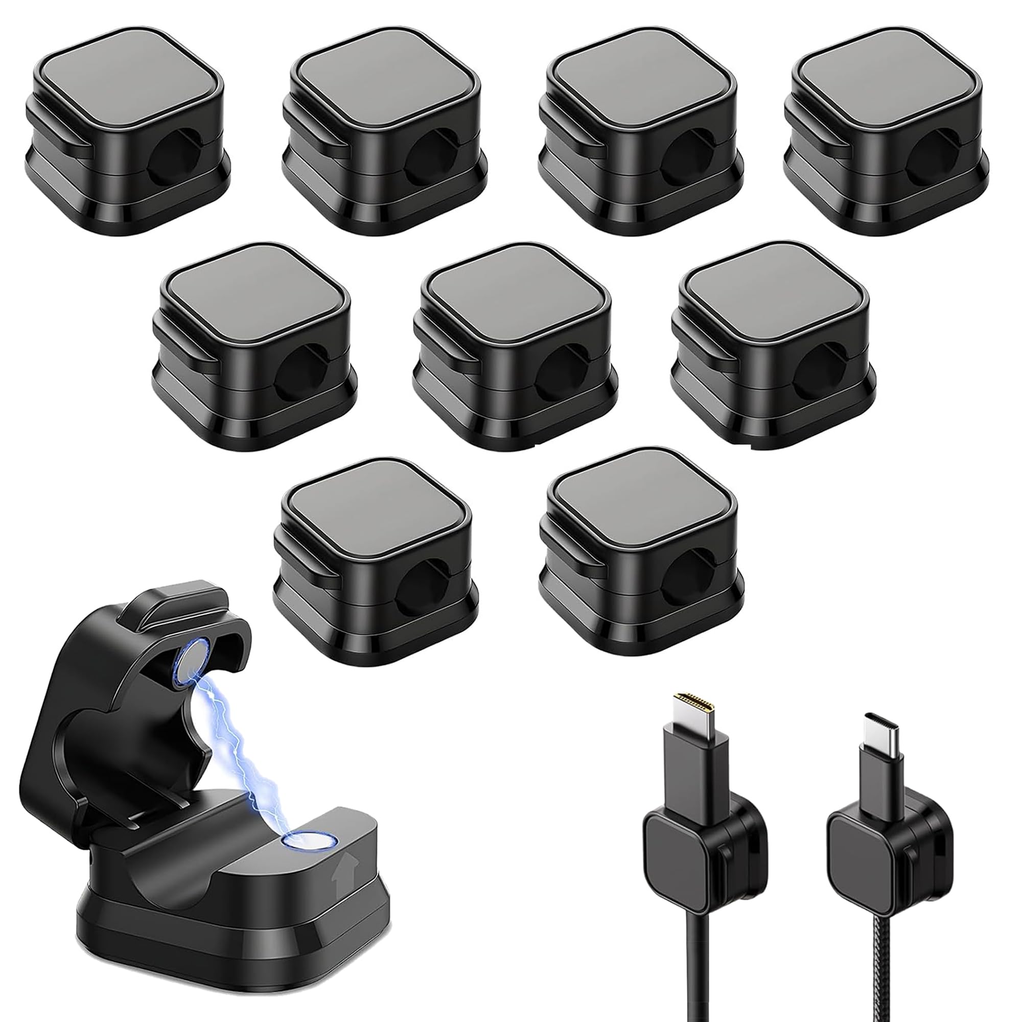 Magnetic Cable Organiser Clips Pack of 10, Black Wire Holders for Desk & Table Cable Management