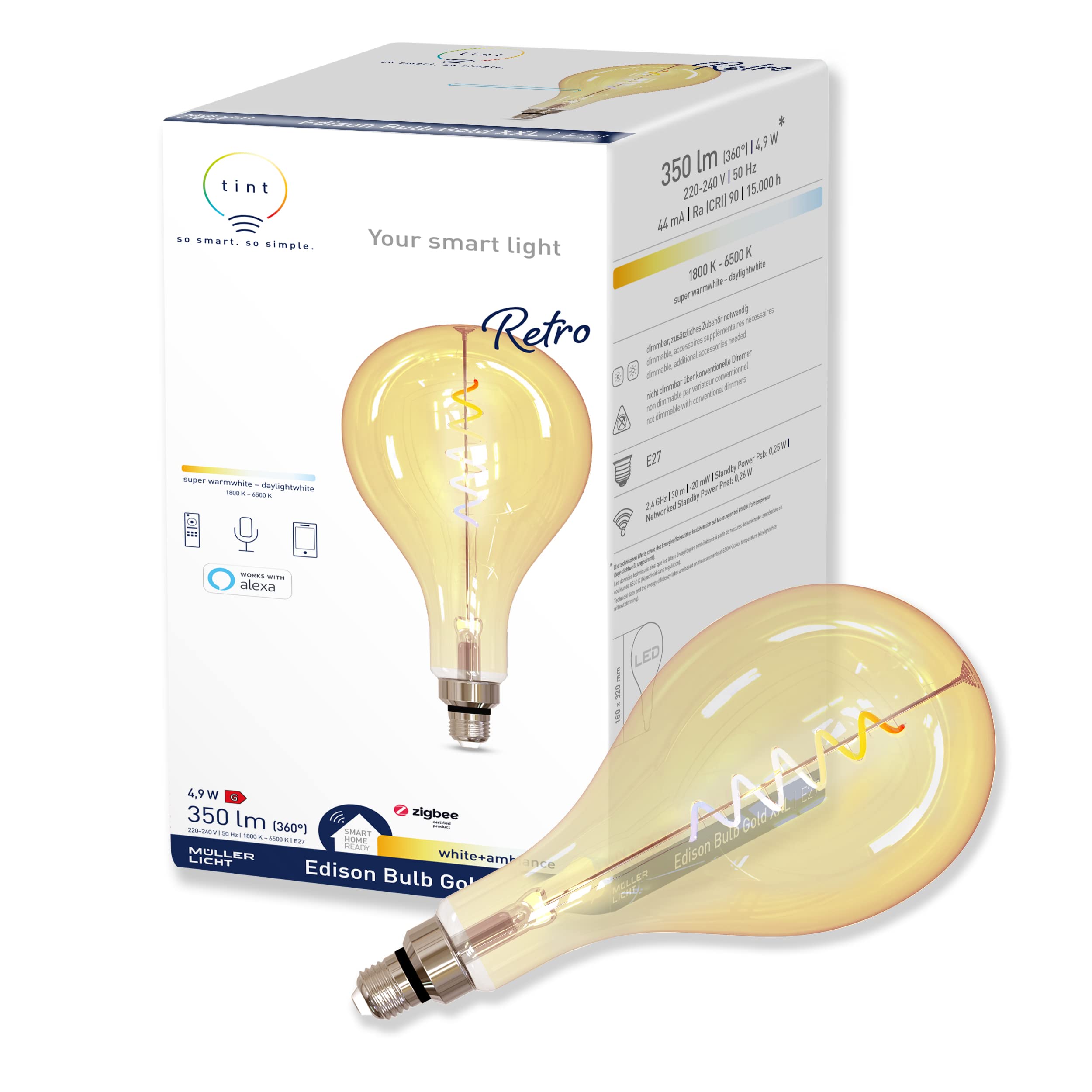tint Smarte LED-Birne Retro Gold XXL E27 – Steuerbar per Alexa oder Fernbedienung – Dimmbare E27 Glühbirne mit weißem Licht (1800-6500 K), 4,9 W